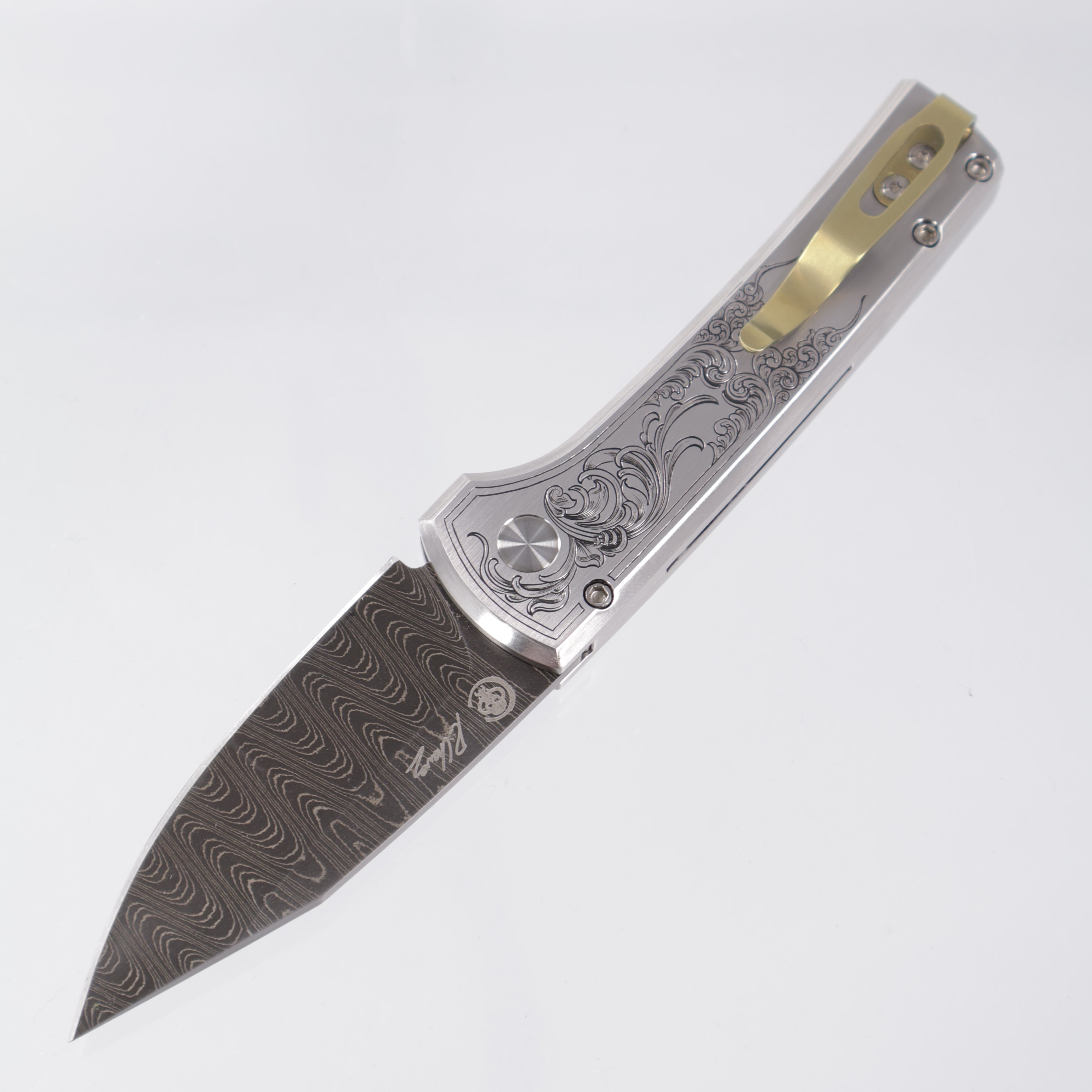 Pro-Tech Scapegoat Compact Steel Ultimate Custom - Steel w/ Scroll Hand Engraving - Vegas Forge Ladder Damascus - Black Lip Pearl Button & Ti Clip - Ramon Chaves Design