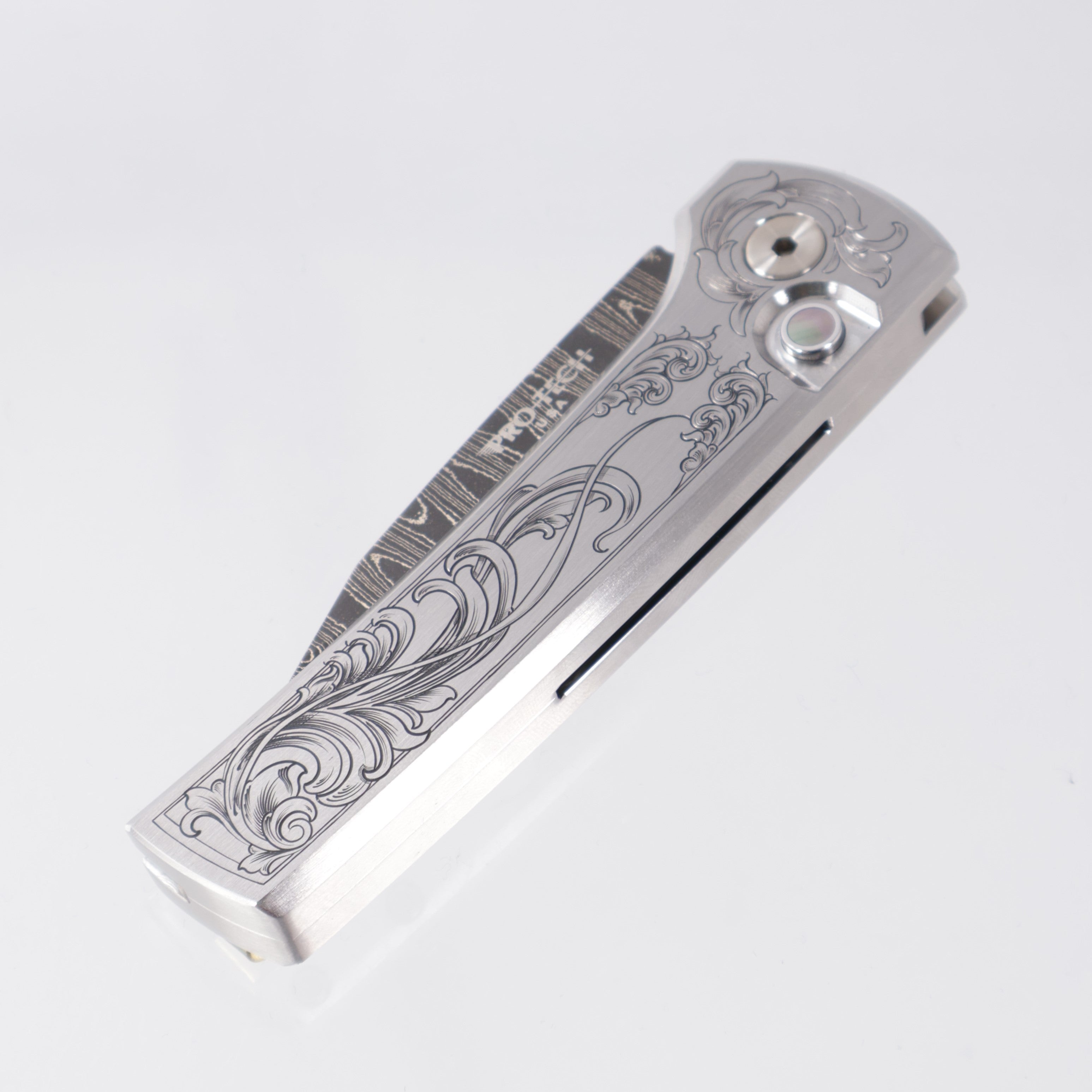 Pro-Tech Scapegoat Compact Steel Ultimate Custom - Steel w/ Scroll Hand Engraving - Vegas Forge Ladder Damascus - Black Lip Pearl Button & Ti Clip - Ramon Chaves Design