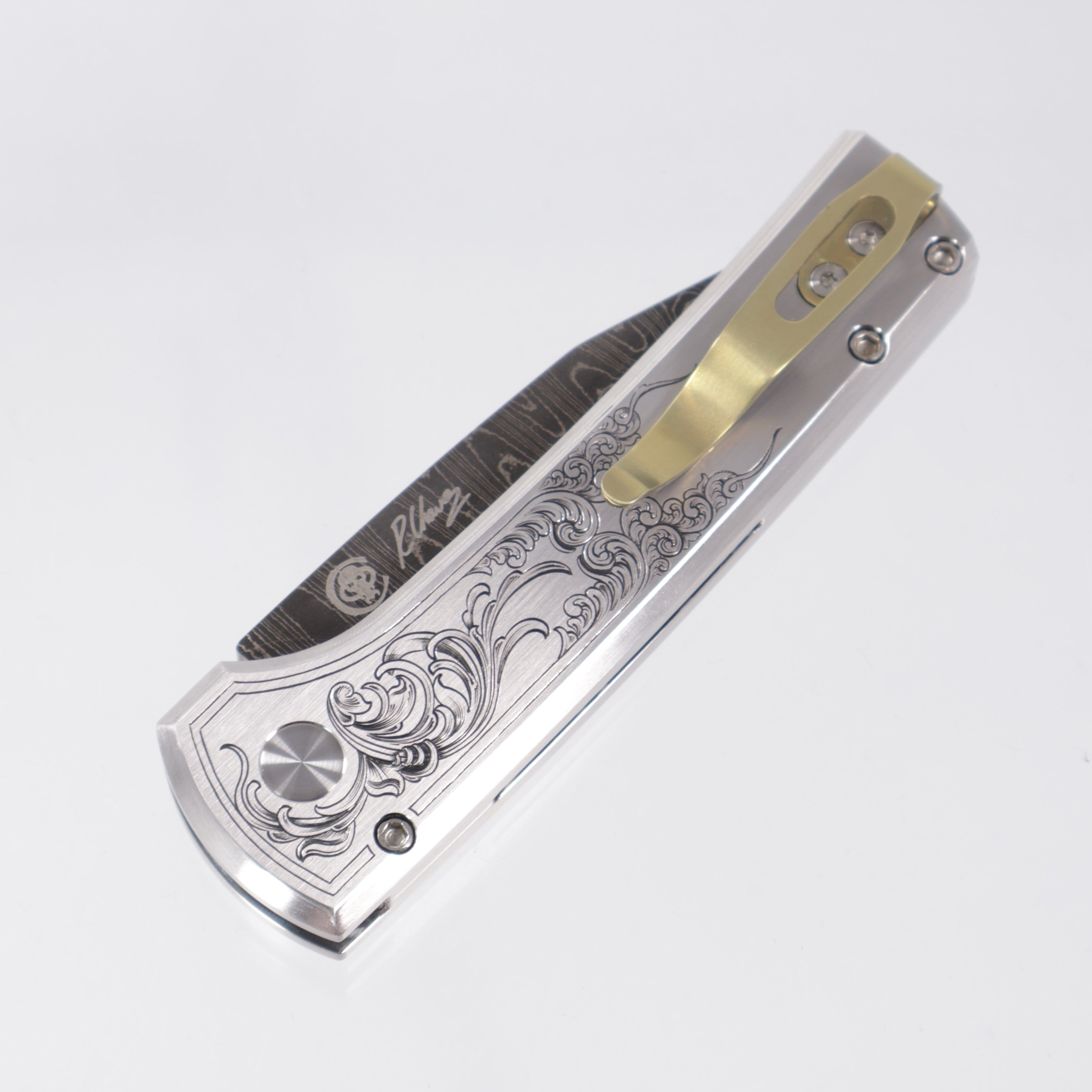Pro-Tech Scapegoat Compact Steel Ultimate Custom - Steel w/ Scroll Hand Engraving - Vegas Forge Ladder Damascus - Black Lip Pearl Button & Ti Clip - Ramon Chaves Design