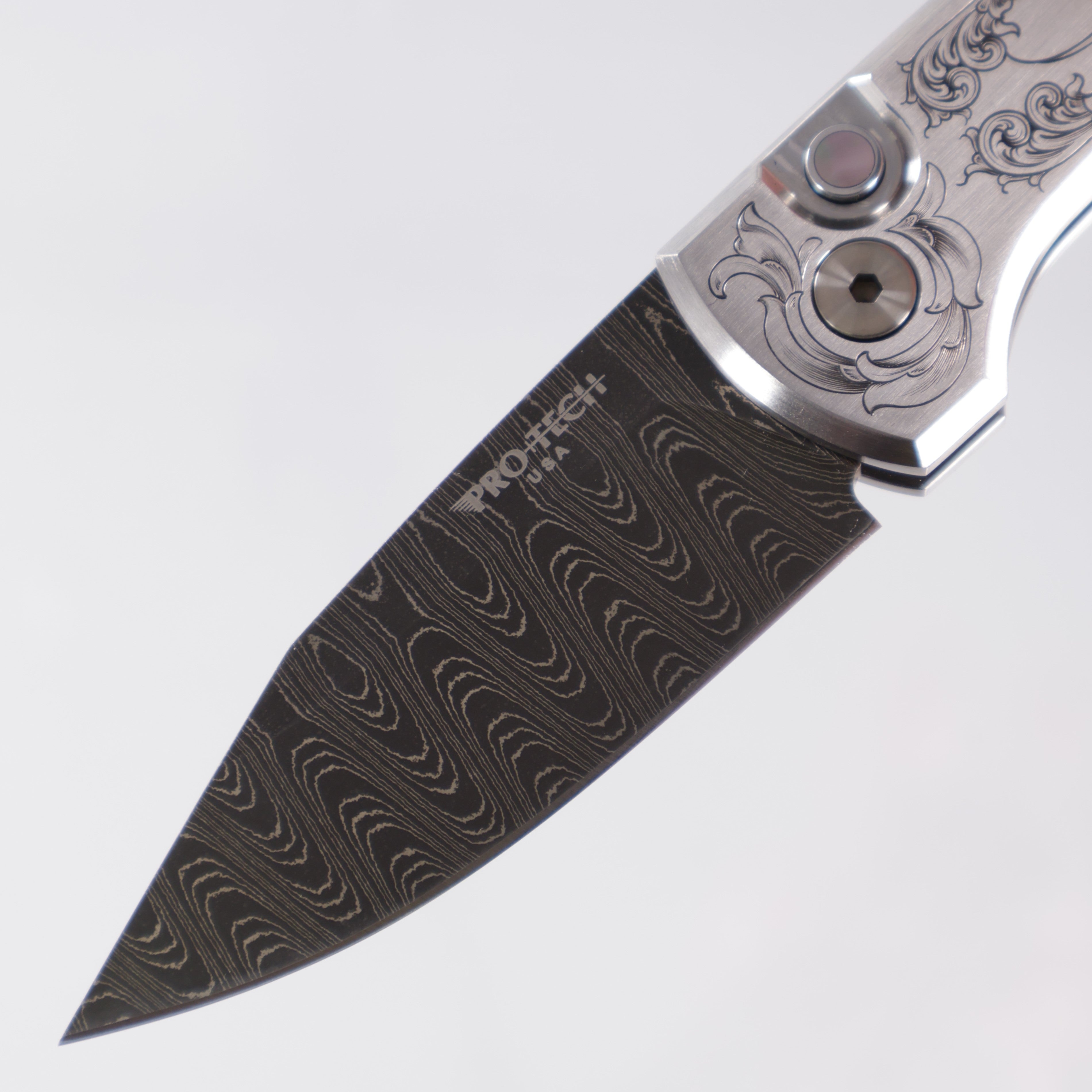 Pro-Tech Scapegoat Compact Steel Ultimate Custom - Steel w/ Scroll Hand Engraving - Vegas Forge Ladder Damascus - Black Lip Pearl Button & Ti Clip - Ramon Chaves Design