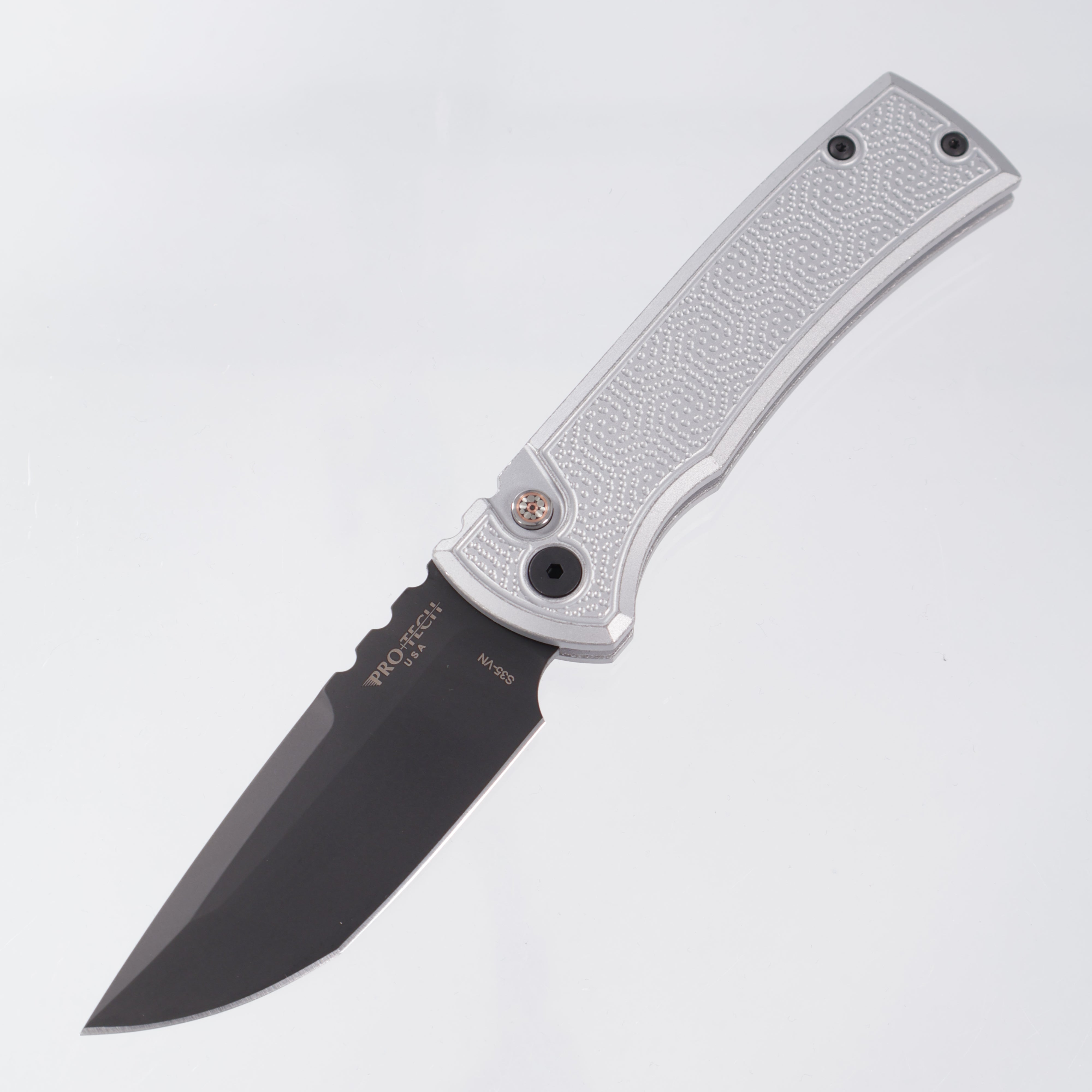 Chaves x Pro-Tech Redencion 229 - Spiral Stipple Grey Battleworn - DLC S35vn Tanto - Mosaic Pin Button - RCR1106-BW Stipple Grey LTD