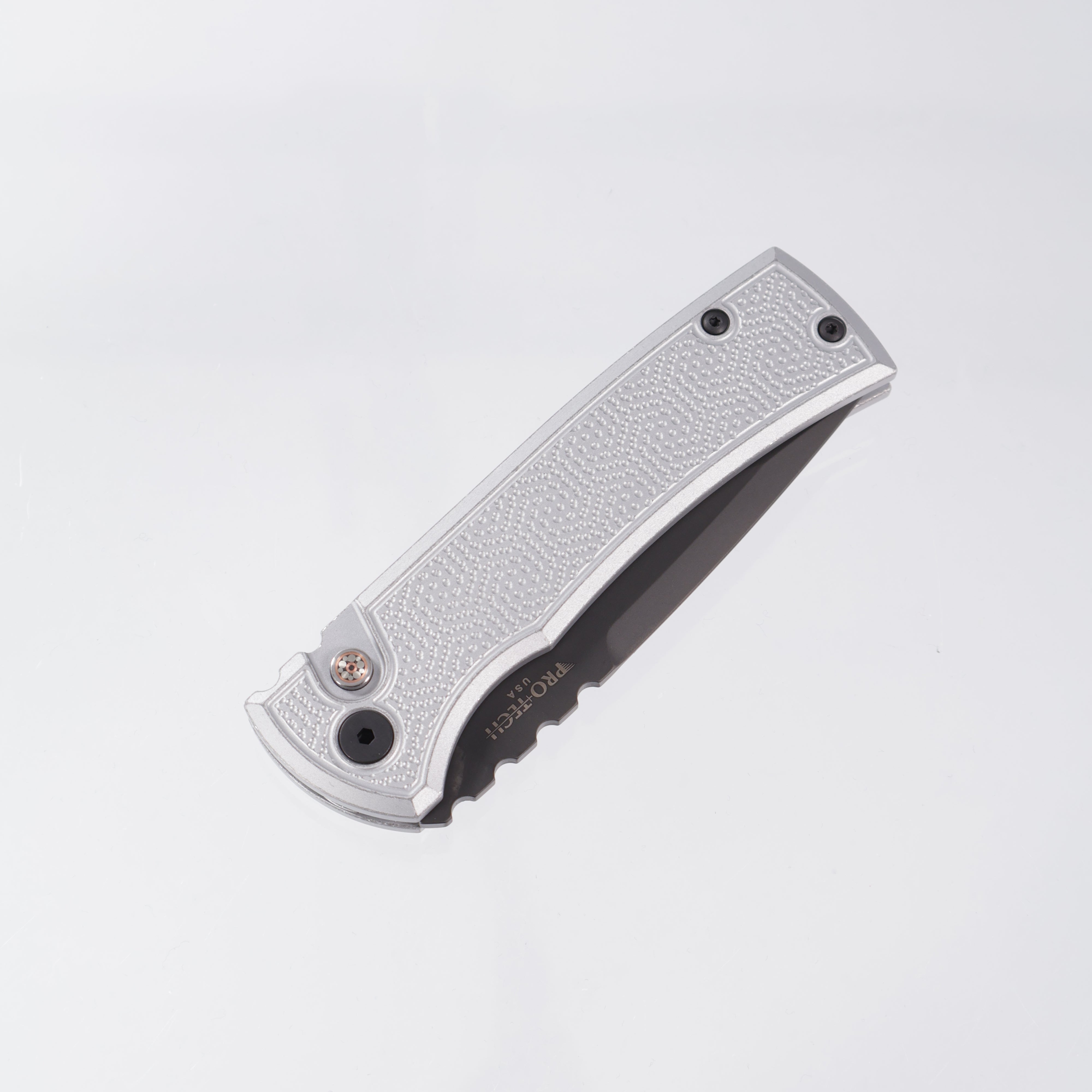 Pro-Tech Redencion Auto Tanto - Spiral Stipple Grey Battleworn Aluminum w/ Mosaic Pin Button - DLC S35VN - RCR1106-BW Stipple Grey LTD