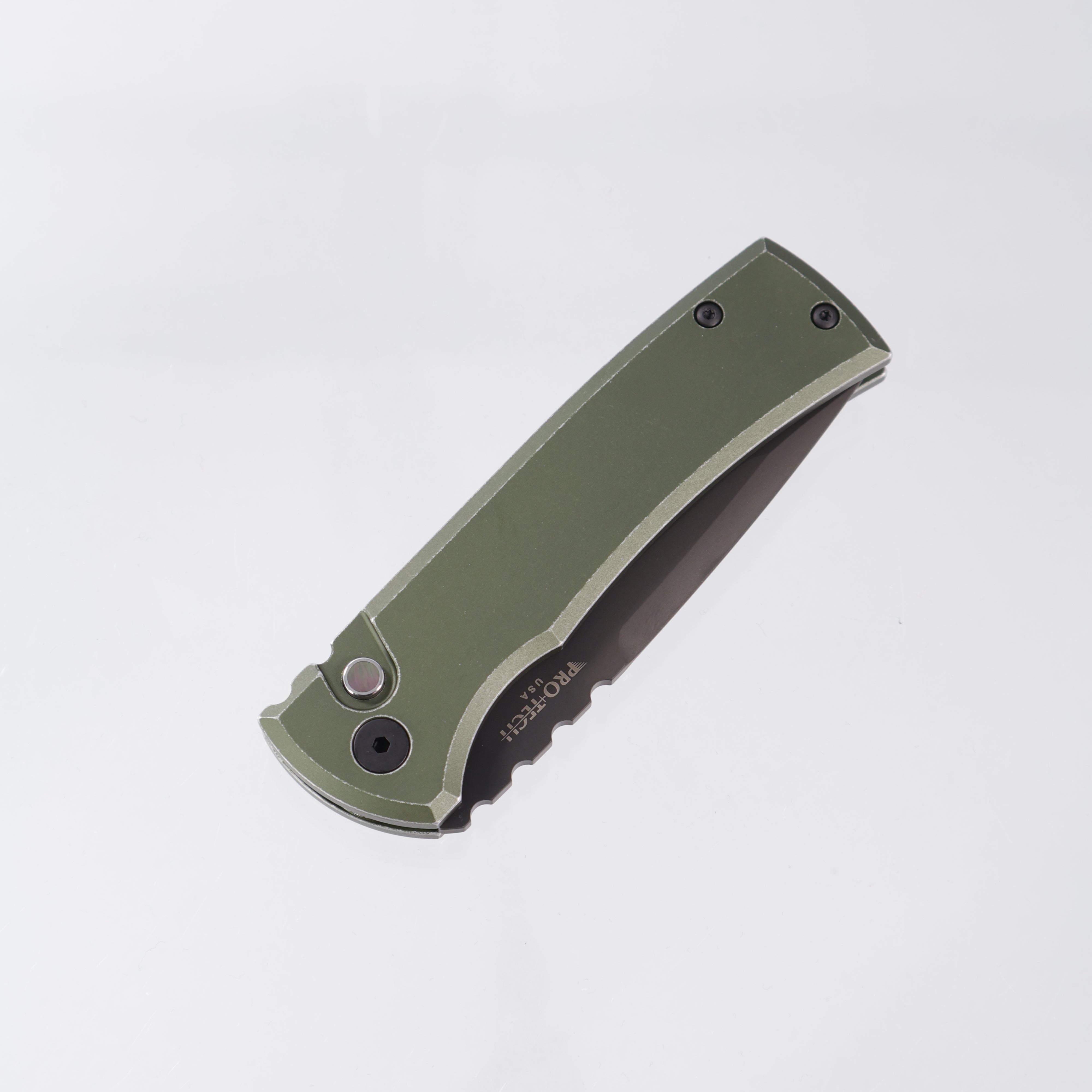 Pro-Tech Redencion Auto Tanto - Battleworn Green Aluminum w/ Black Lip Pearl Button - DLC S35VN - RCR1103-LTD BW Green