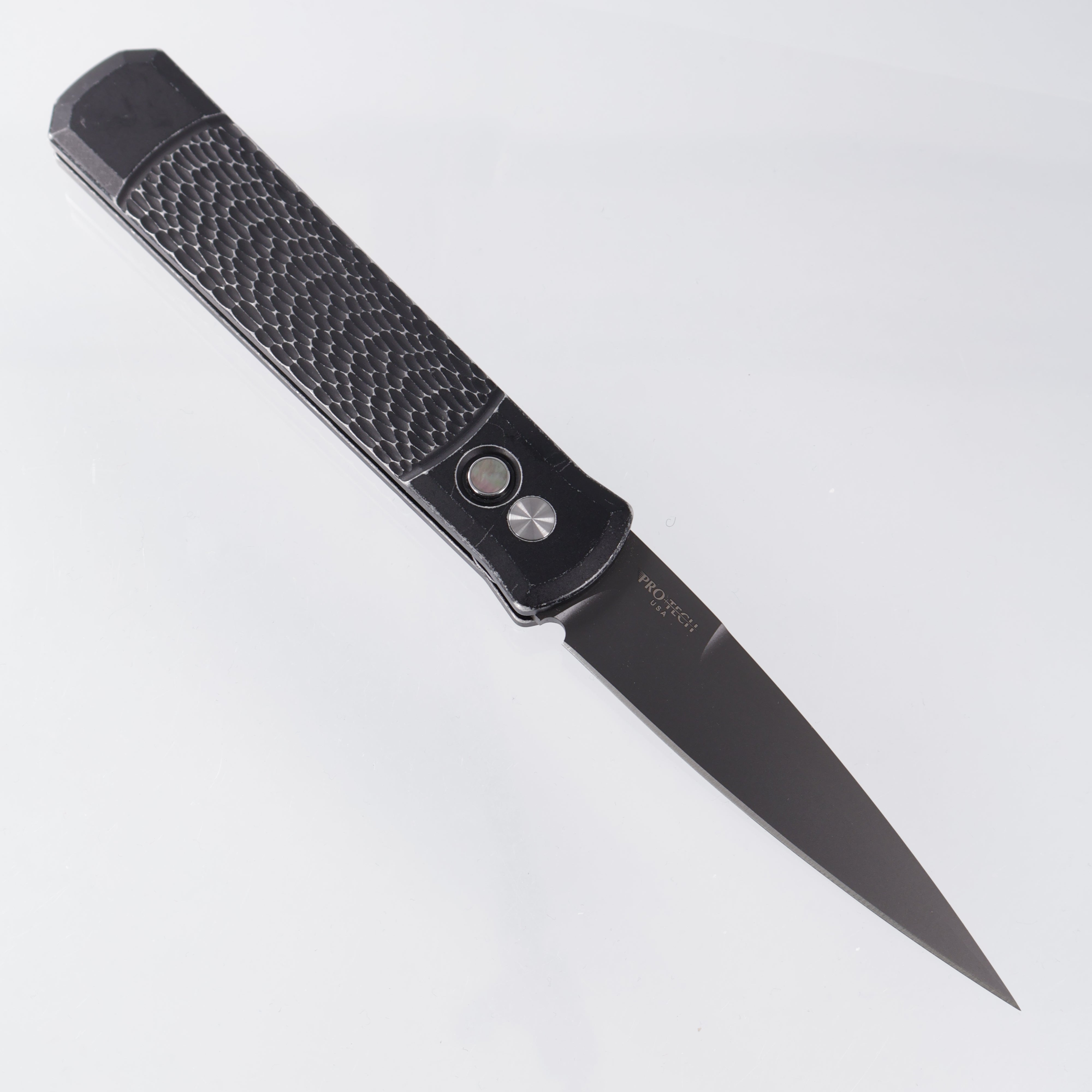 Pro-Tech Godfather *LEFT HANDED* - Battleworn Jigged Black Aluminum w/ Black Lip Pearl Button - DLC 154CM - 926-LHBW LTD