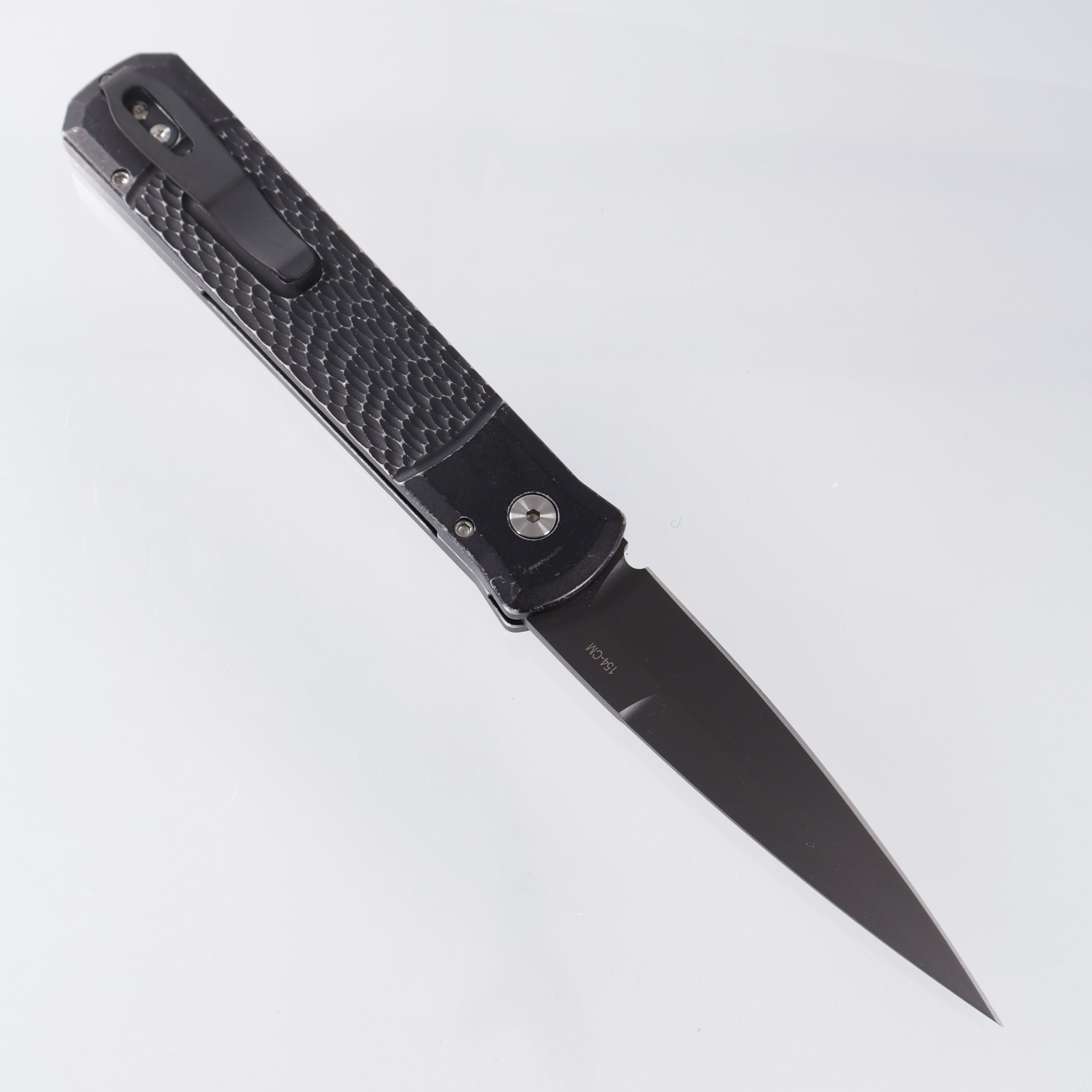 Pro-Tech Godfather *LEFT HANDED* - Battleworn Jigged Black Aluminum w/ Black Lip Pearl Button - DLC 154CM - 926-LHBW LTD