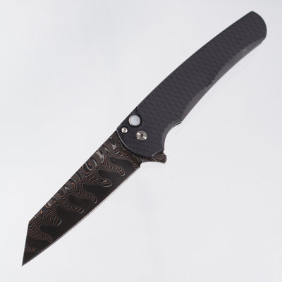 Pro-Tech Malibu Reverse Tanto Custom - Black Dragonscale Aluminum w/ Mother Of Pearl Button - Baker Forge Elite Ripple Copper-Mai Damascus - 2026 Malibu Custom.BR 001