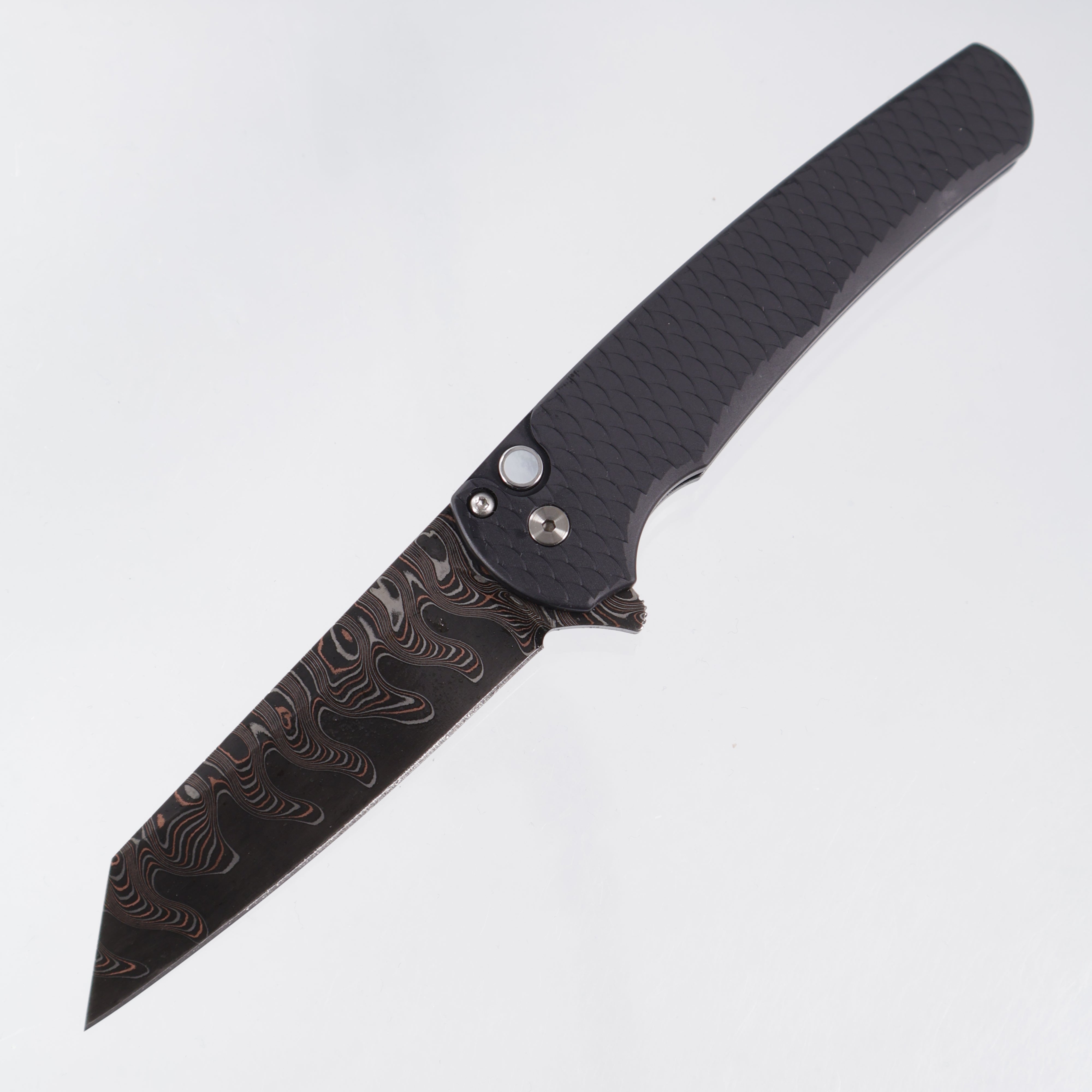 Pro-Tech Malibu Reverse Tanto Custom - Black Dragonscale Aluminum w/ Mother Of Pearl Button - Baker Forge Elite Ripple Copper-Mai Damascus - 2026 Malibu Custom.BR 001