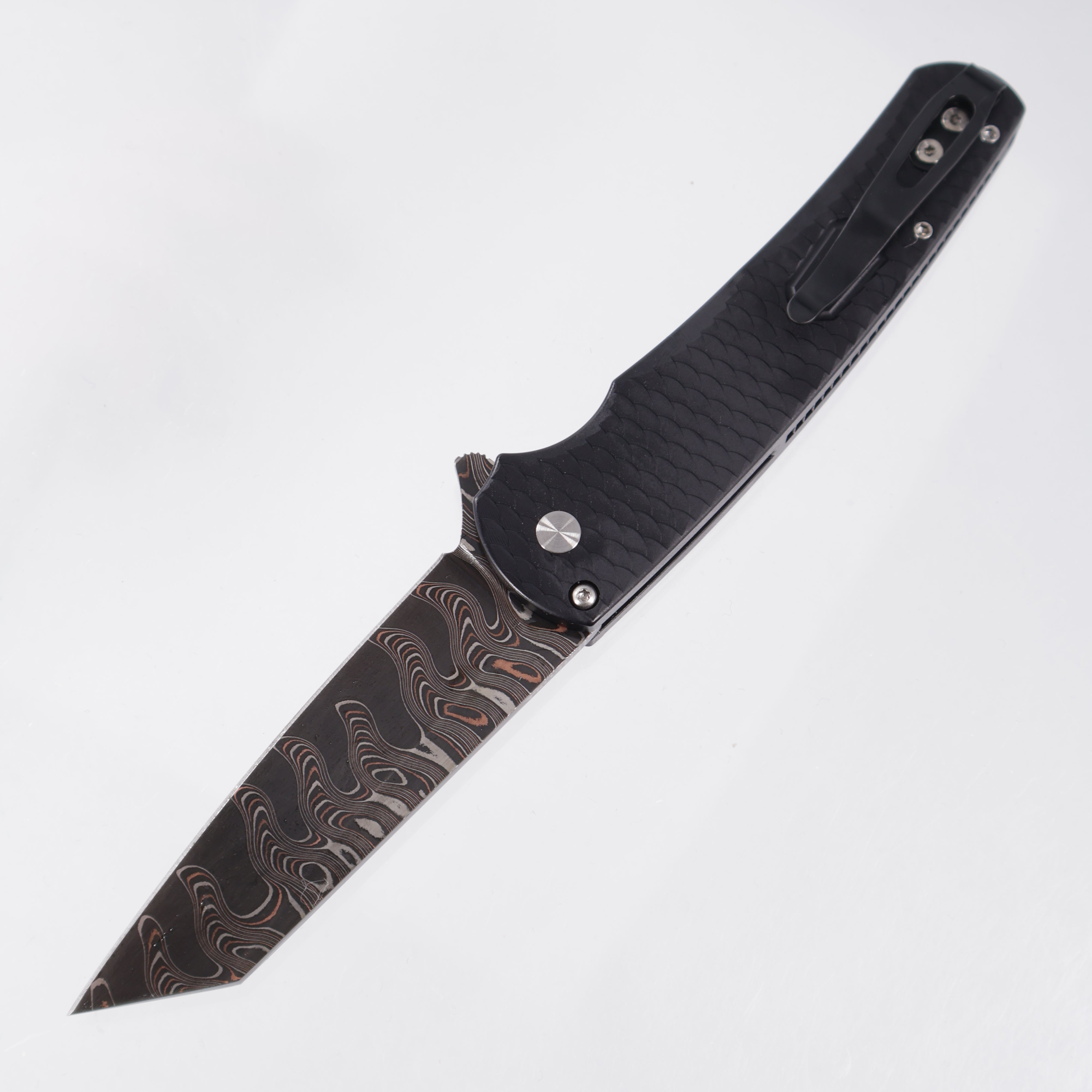 Pro-Tech Malibu Reverse Tanto Custom - Black Dragonscale Aluminum w/ Mother Of Pearl Button - Baker Forge Elite Ripple Copper-Mai Damascus - 2026 Malibu Custom.BR 001