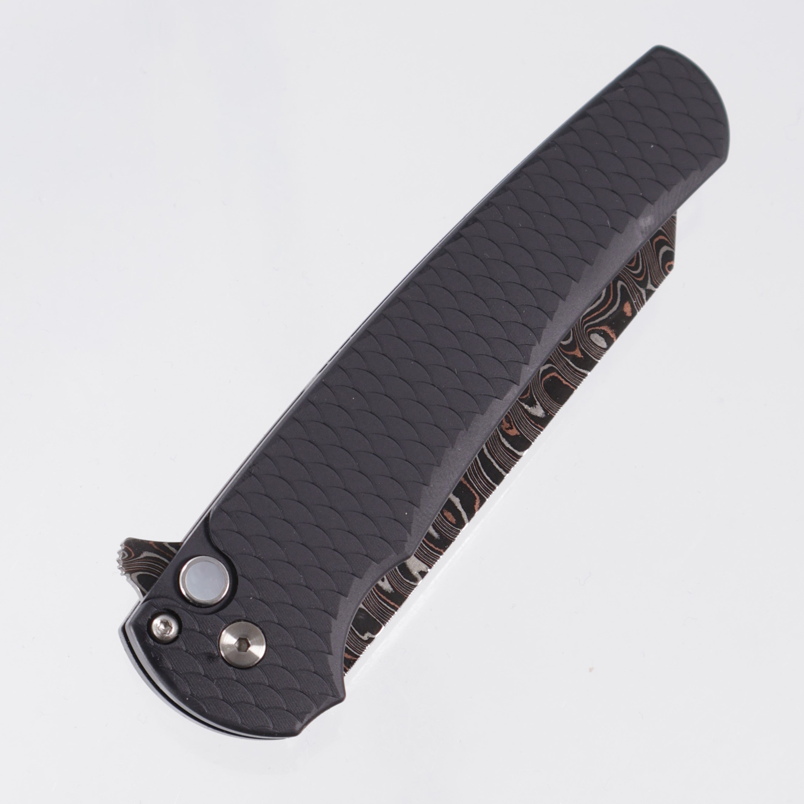 Pro-Tech Malibu Reverse Tanto Custom - Black Dragonscale Aluminum w/ Mother Of Pearl Button - Baker Forge Elite Ripple Copper-Mai Damascus - 2026 Malibu Custom.BR 001