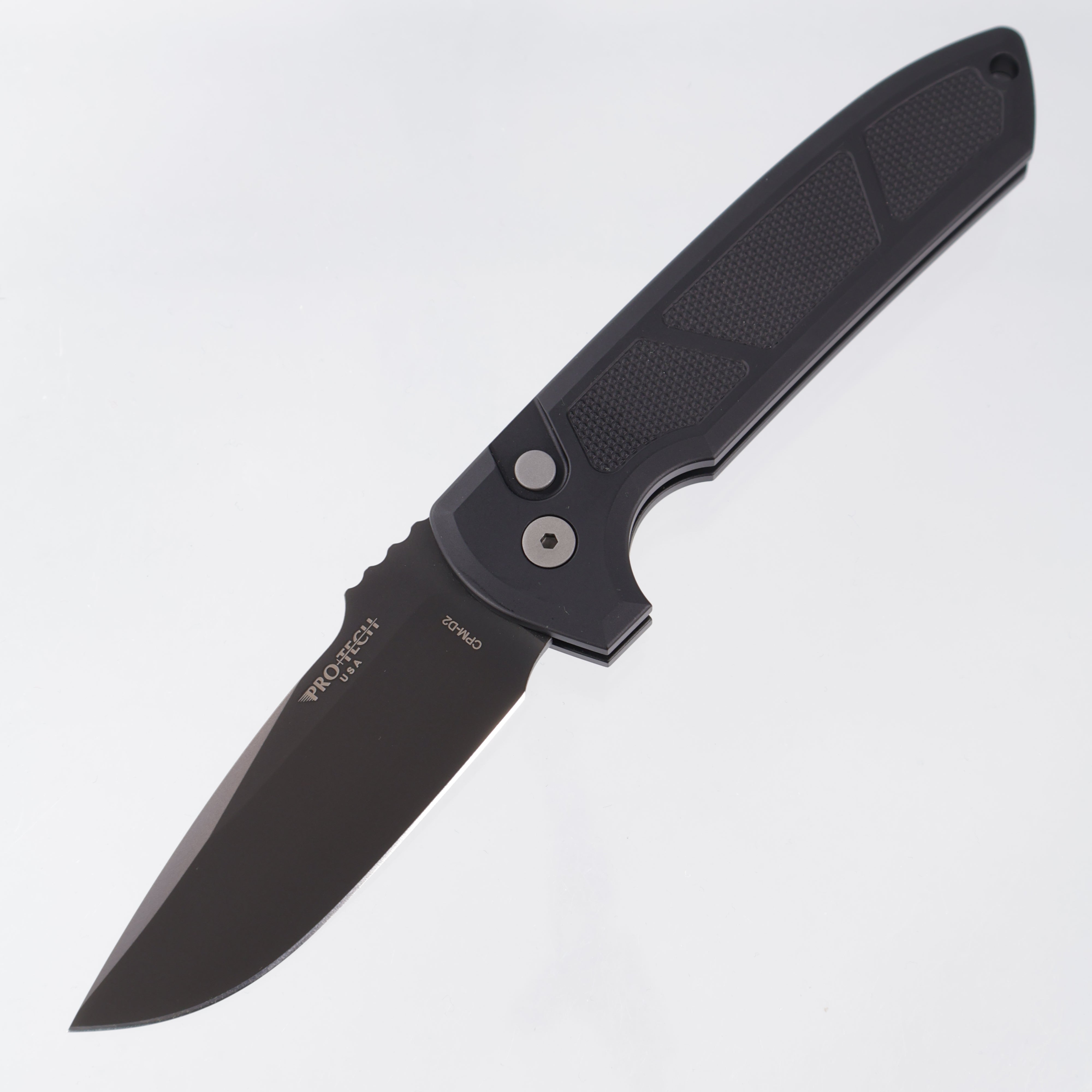 Protech Rockeye - Black Knurled Aluminum - Smoky Grey DLC CPM-D2 - LG325-D2