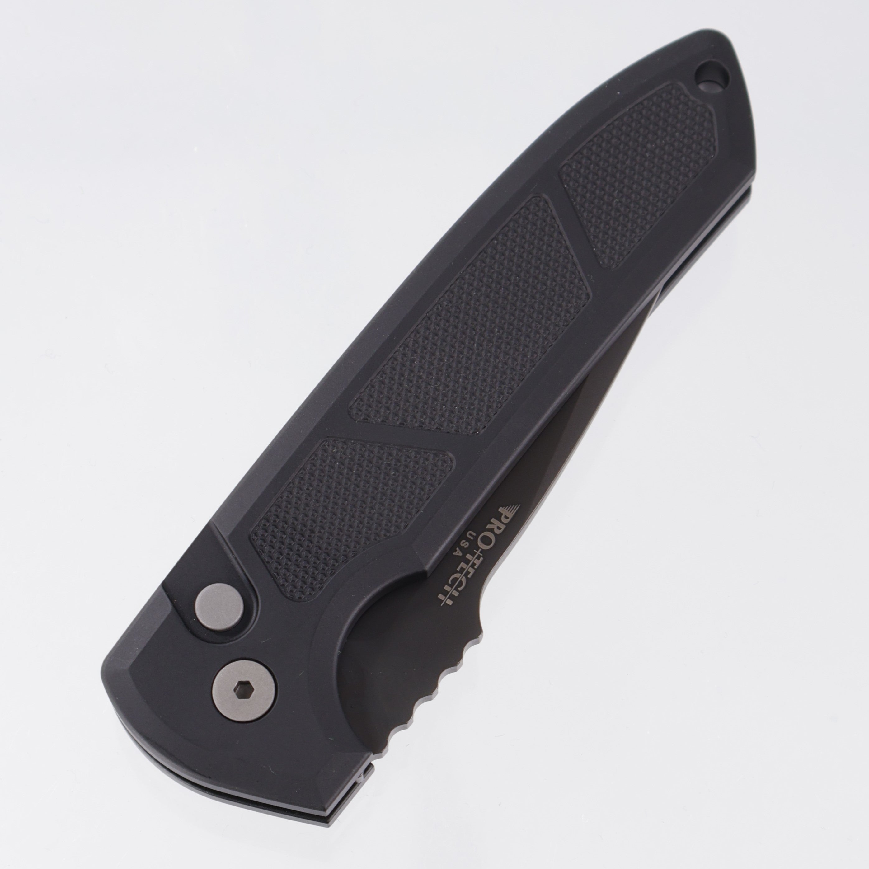 Protech Rockeye - Black Knurled Aluminum - Smoky Grey DLC CPM-D2 - LG325-D2