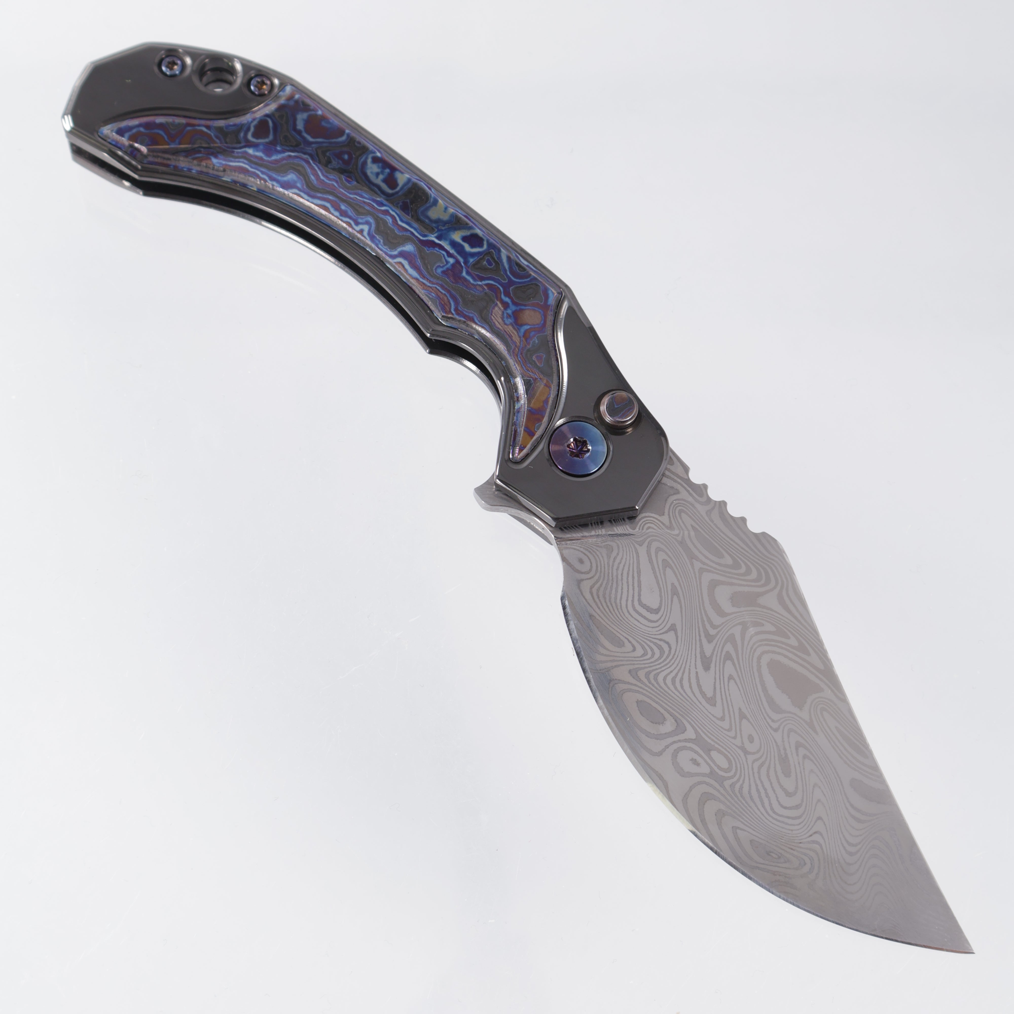 RMOR Knives The Mink *LEFTY* - Zirconium w/ Blue Timascus Inlays - Damascus Blade