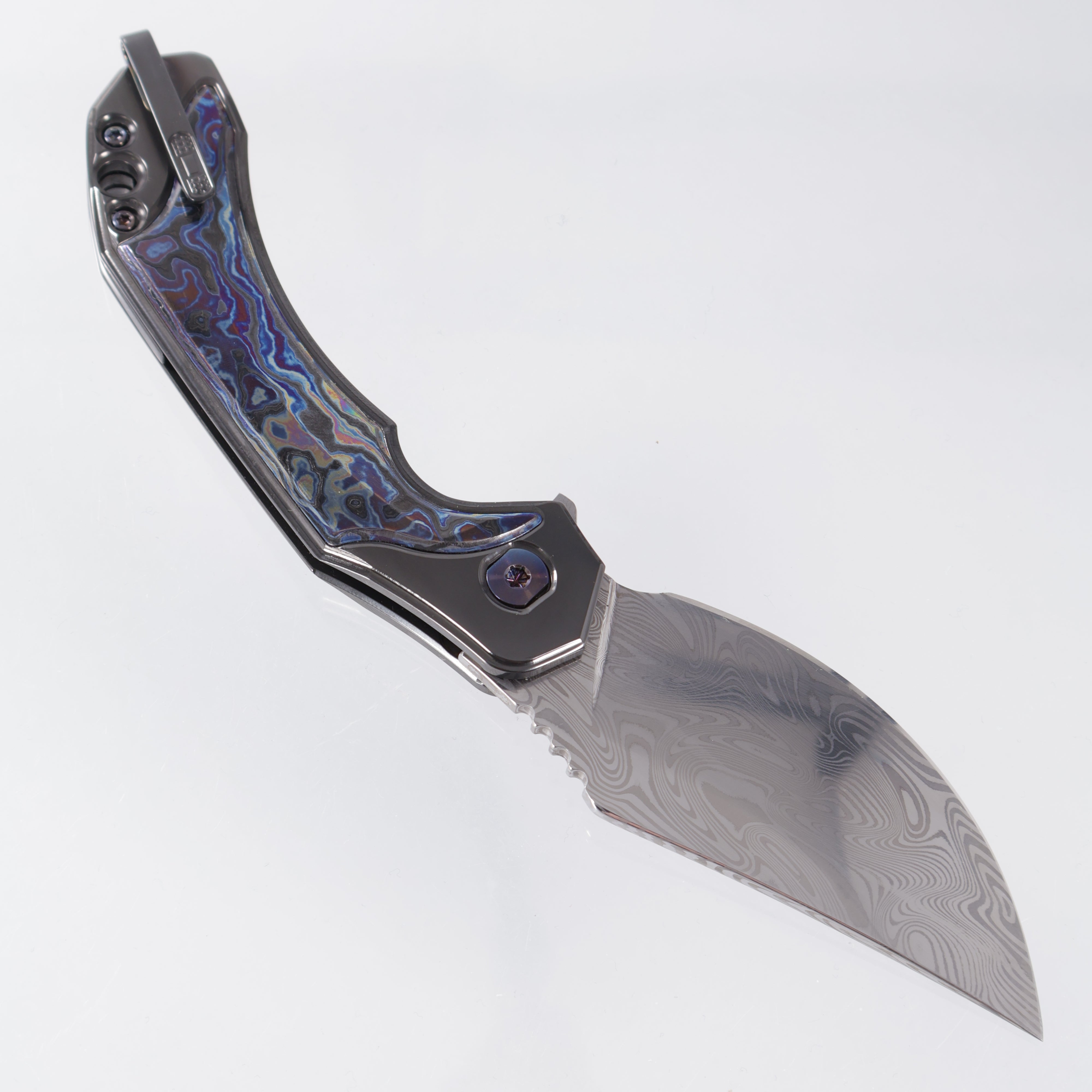 RMOR Knives The Mink *LEFTY* - Zirconium w/ Blue Timascus Inlays - Damascus Blade