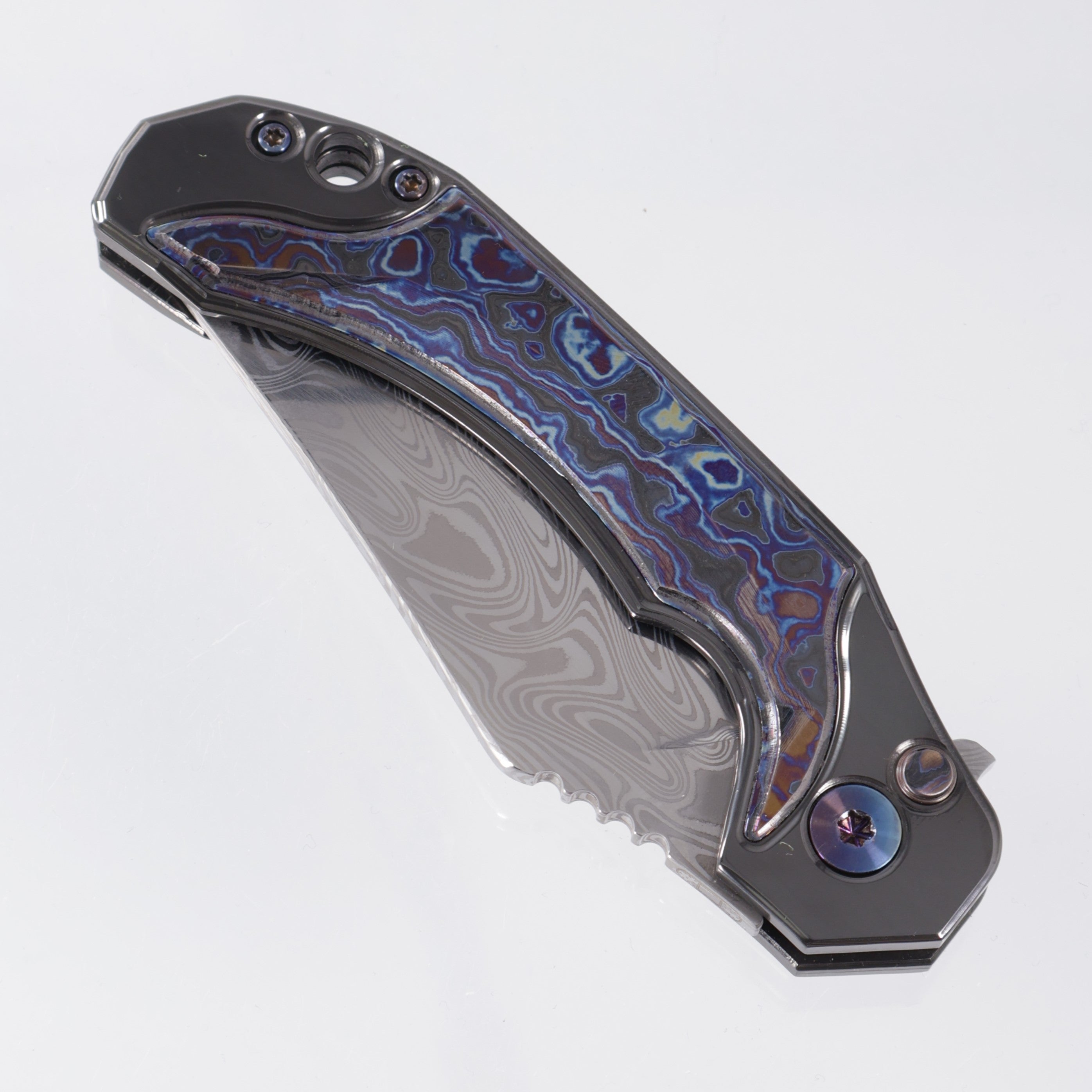 RMOR Knives The Mink *LEFTY* - Zirconium w/ Blue Timascus Inlays - Damascus Blade