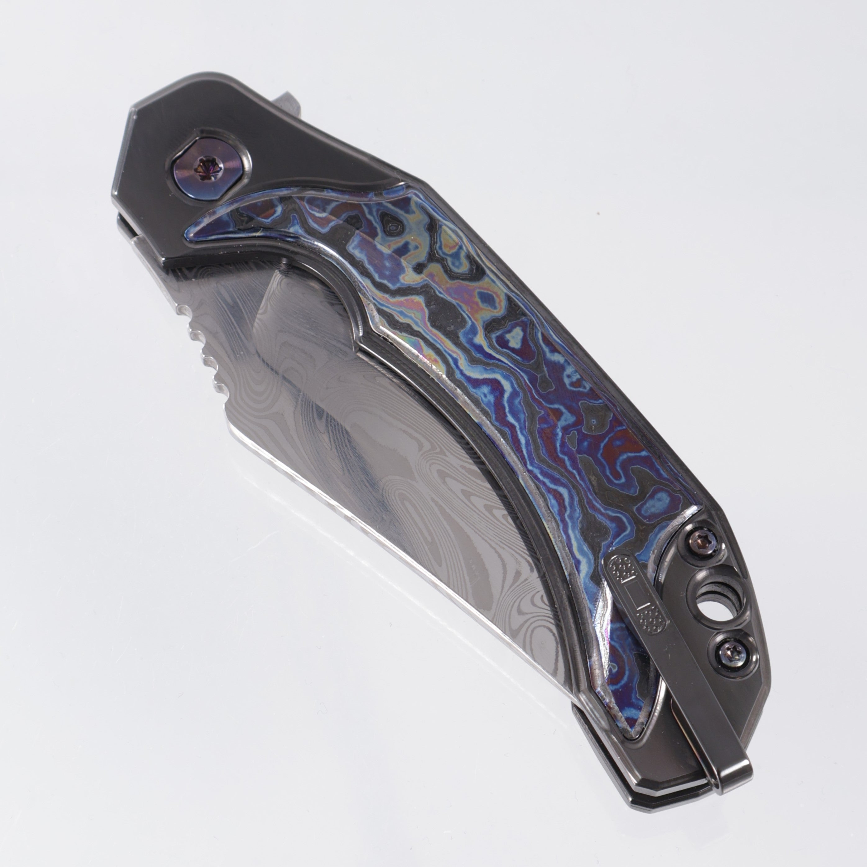 RMOR Knives The Mink *LEFTY* - Zirconium w/ Blue Timascus Inlays - Damascus Blade
