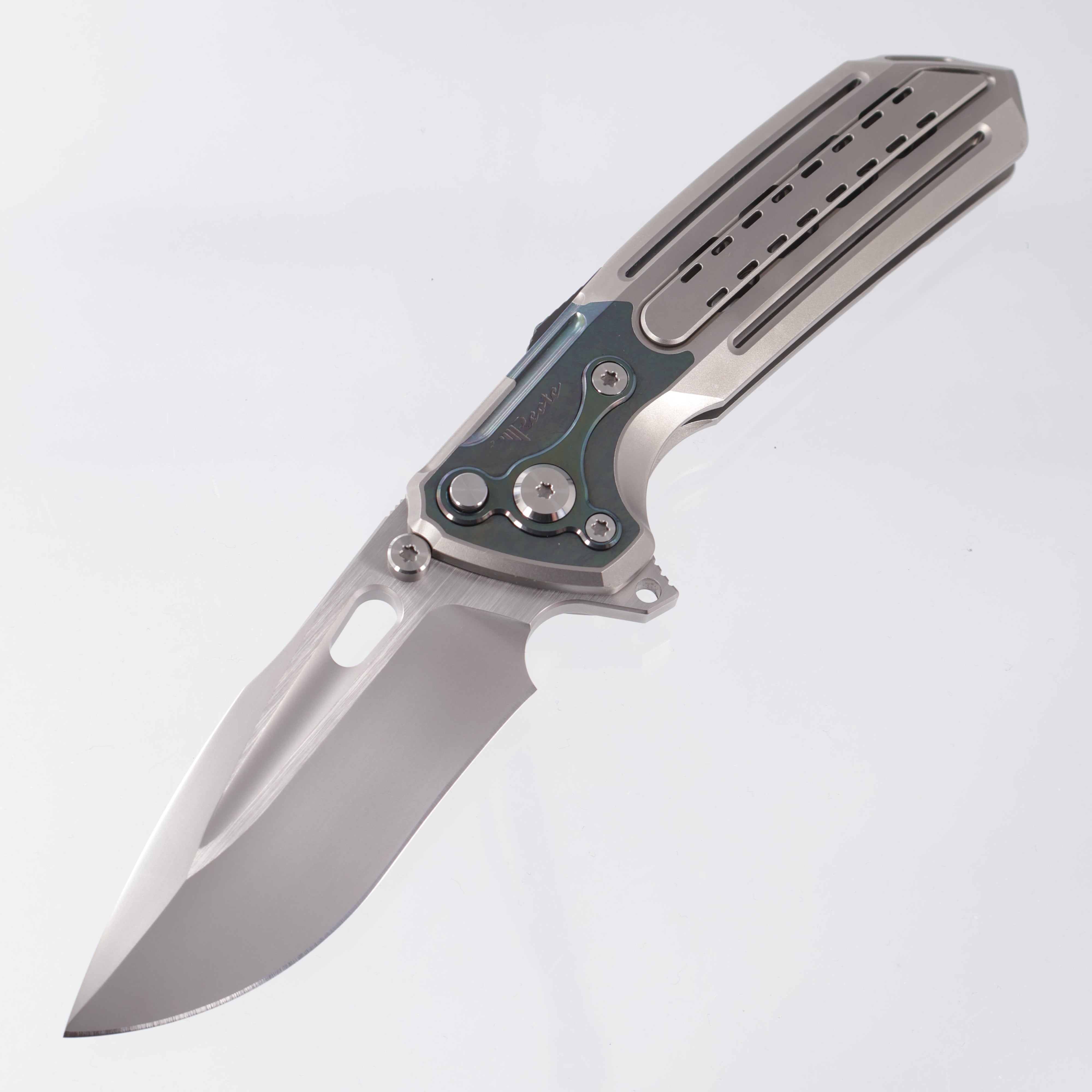 Reate Terminator-T600 - Bead Blast Titanium w/ Green Zirconium Inlay - Magnacut Frosted Satin