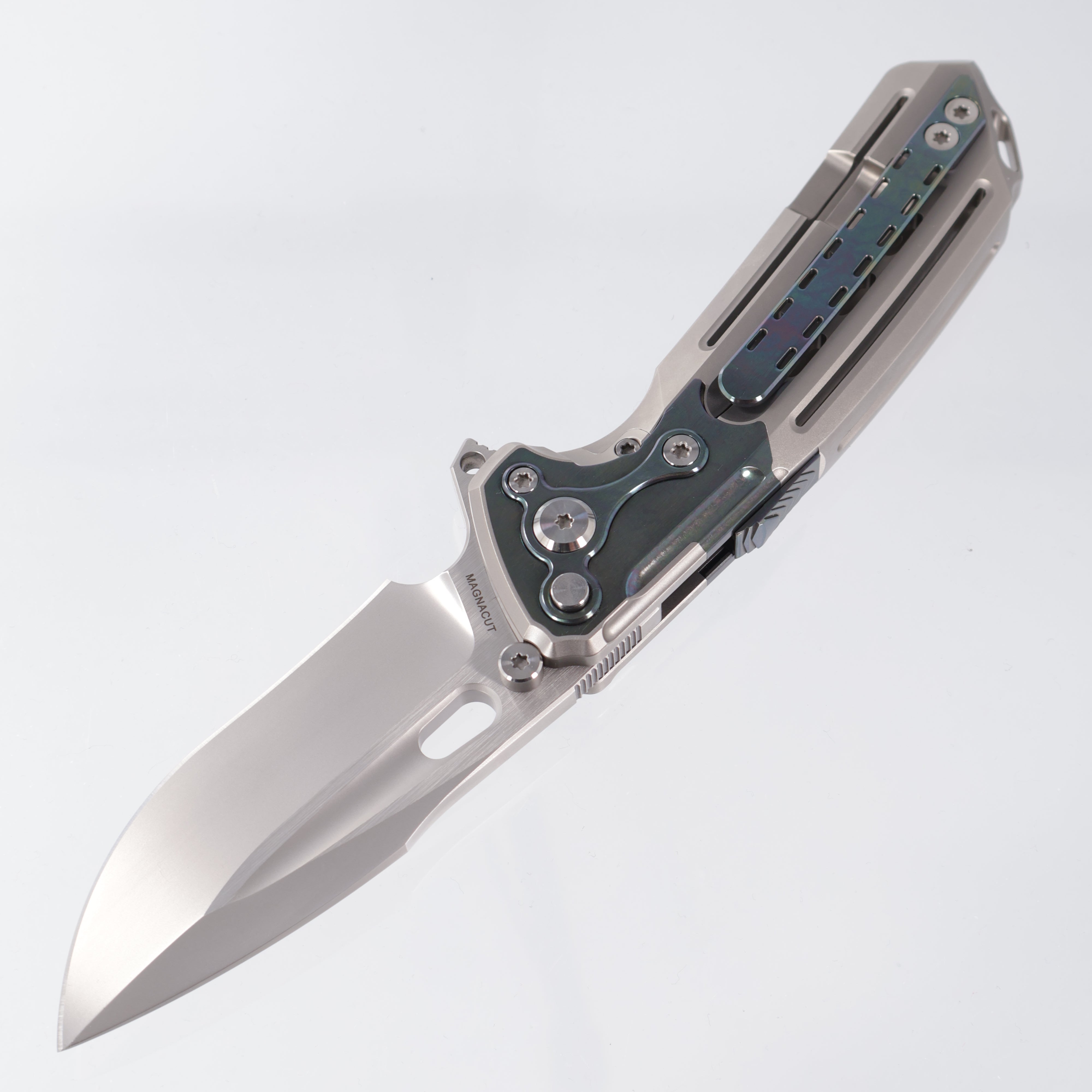 Reate Terminator-T600 - Bead Blast Titanium w/ Green Zirconium Inlay - Magnacut Frosted Satin