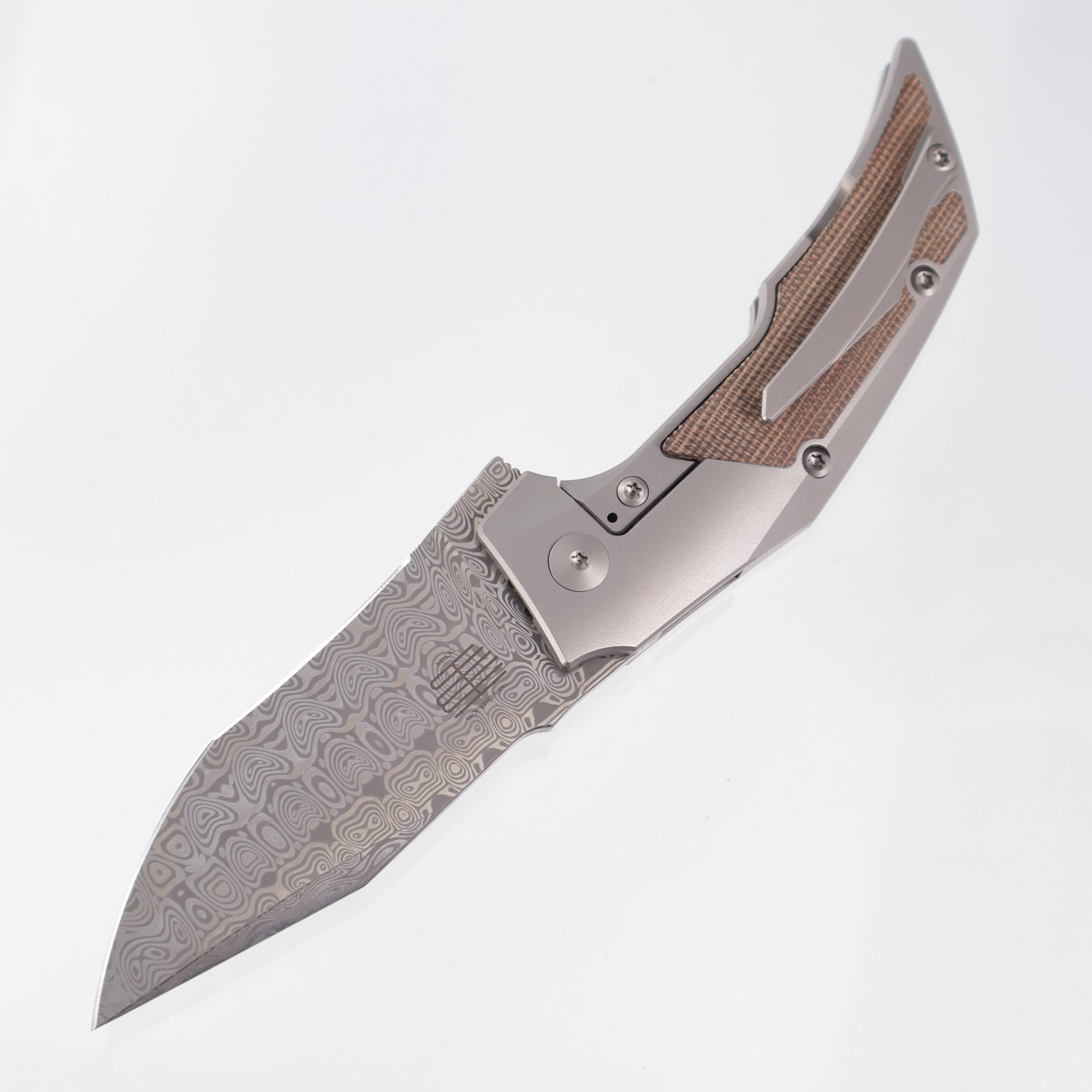 Reate T3000 - Titanium w/ Burlap Micarta Inlays - Acidwash Damasteel