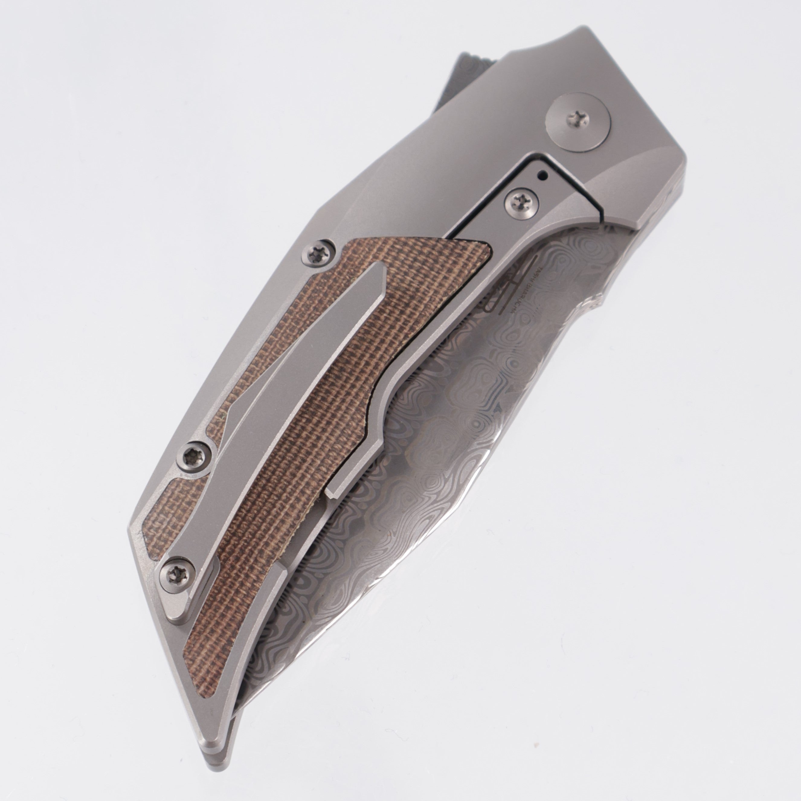 Reate T3000 - Titanium w/ Burlap Micarta Inlays - Acidwash Damasteel