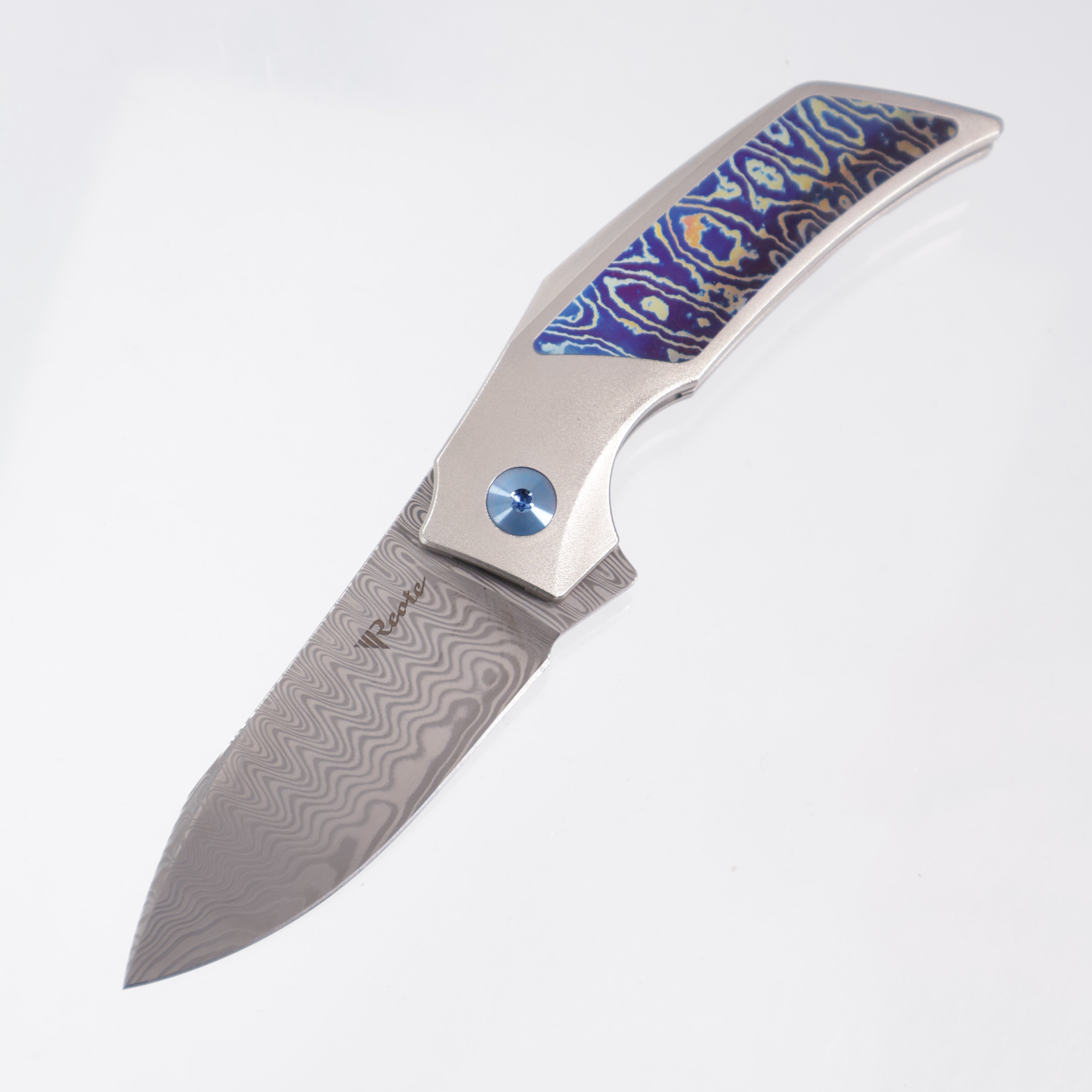 Reate T2500 - Titanium w/ MokuTi Inlay & Clip - Acidwash Damasteel