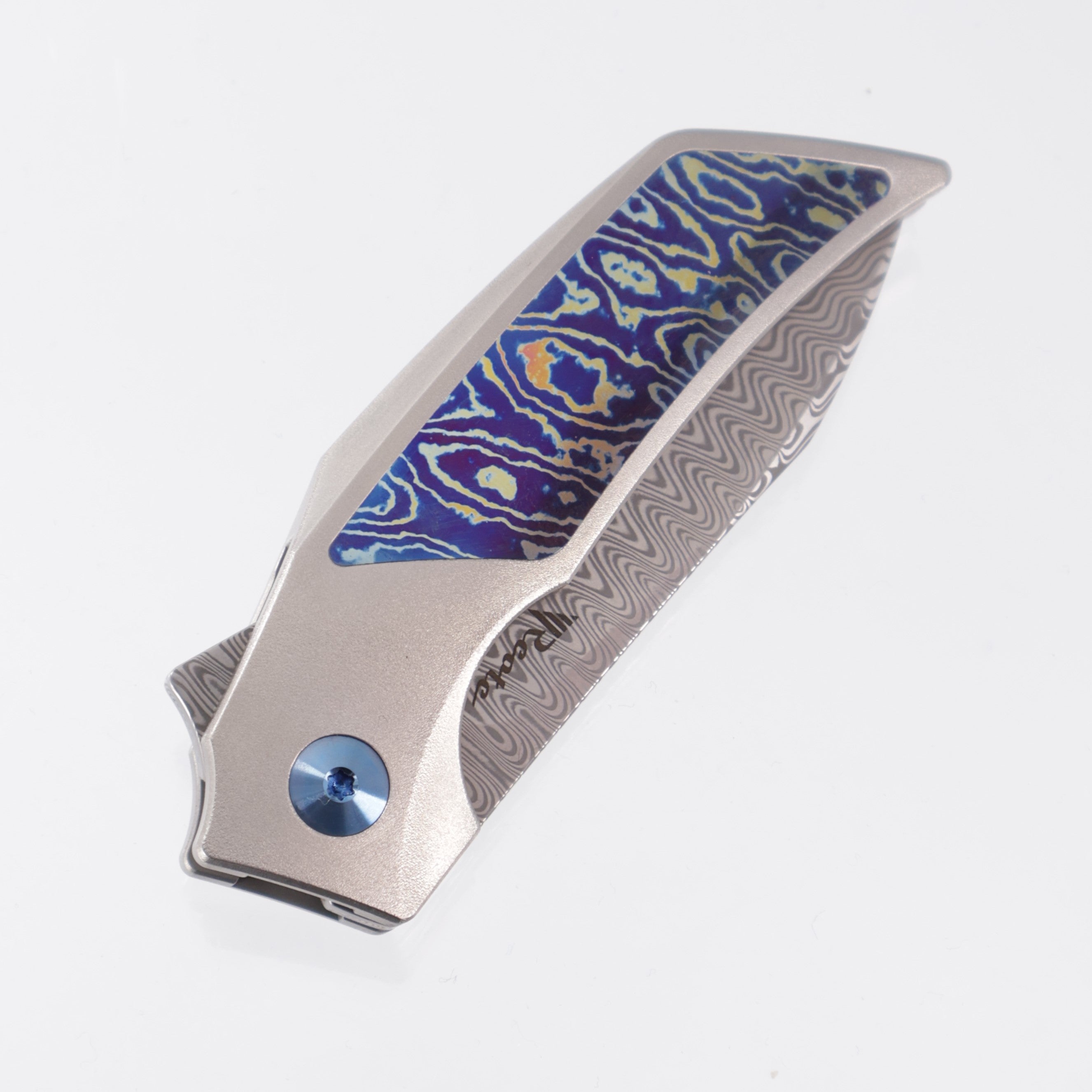 Reate T2500 - Titanium w/ MokuTi Inlay & Clip - Acidwash Damasteel