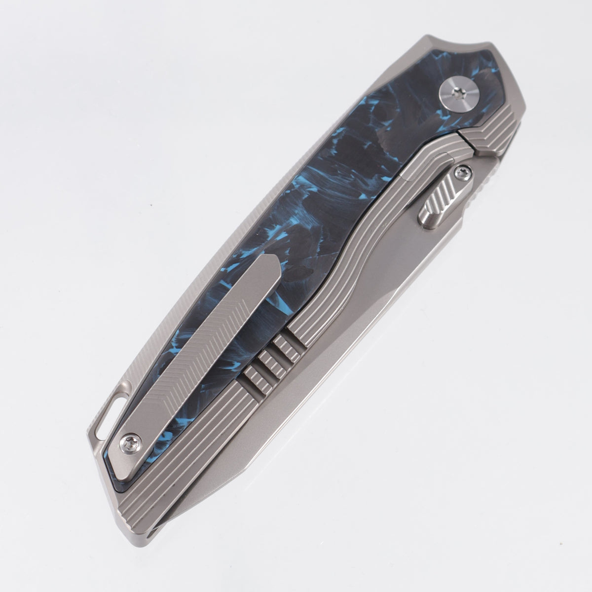 Remette RT-ONE Integral - Beadblast Titanium w/ Blue Shred Carbon Fiber Inlays - Pearlescent M390 - ONEA2
