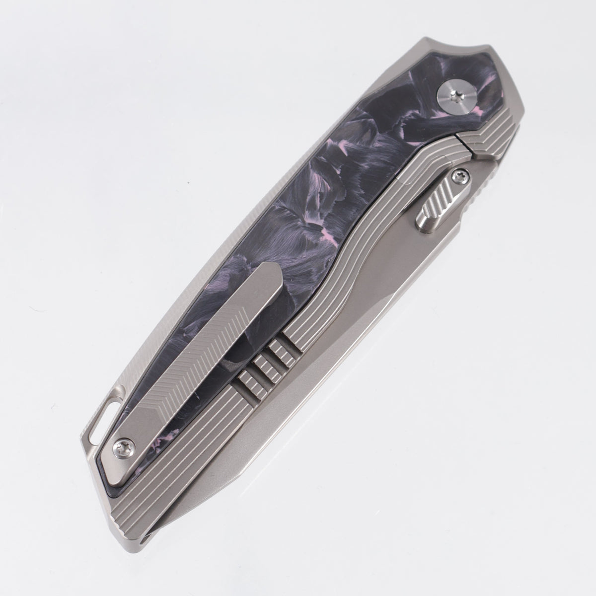 Remette RT-ONE Integral - Beadblast Titanium w/ Purple Shred Carbon Fiber Inlays - Pearlescent M390 - ONEA3