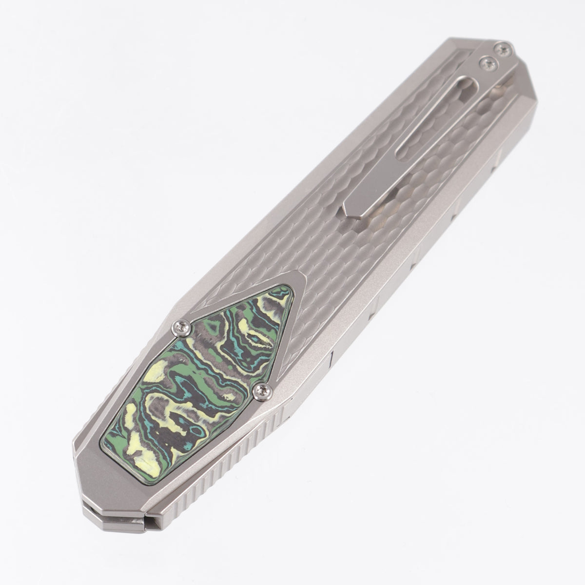 Remette Swordfish Drop Point - Divot Millled Titanium w/ Green & Yellow Carbon Fiber Inlay - Pearlescent M390 - ZL101A2