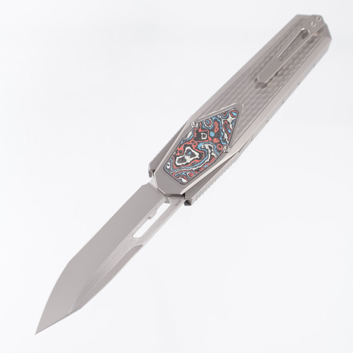 Remette Swordfish Tanto - Divot Millled Titanium w/ Red,White & Blue Carbon Fiber Inlay - Pearlescent M390 - ZL101A3