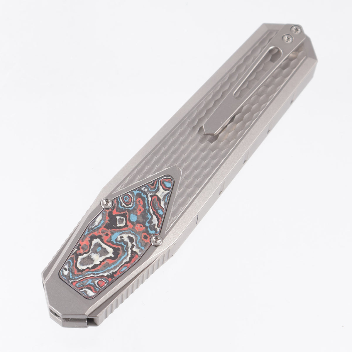 Remette Swordfish Tanto - Divot Millled Titanium w/ Red,White & Blue Carbon Fiber Inlay - Pearlescent M390 - ZL101A3