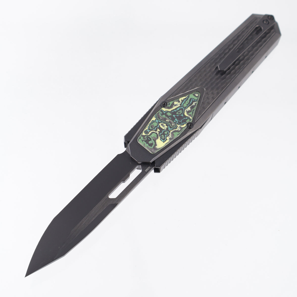 Remette Swordfish Tanto - DLC Divot Millled Titanium w/ Green & Yellow Carbon Fiber Inlay - DLC Pearlescent M390 - ZL101A6