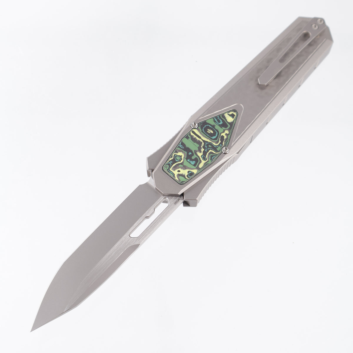 Remette Swordfish Tanto - 3D Chevron Millled Titanium w/ Green & Yellow Carbon Fiber Inlay - Pearlescent M390 - ZL101B2