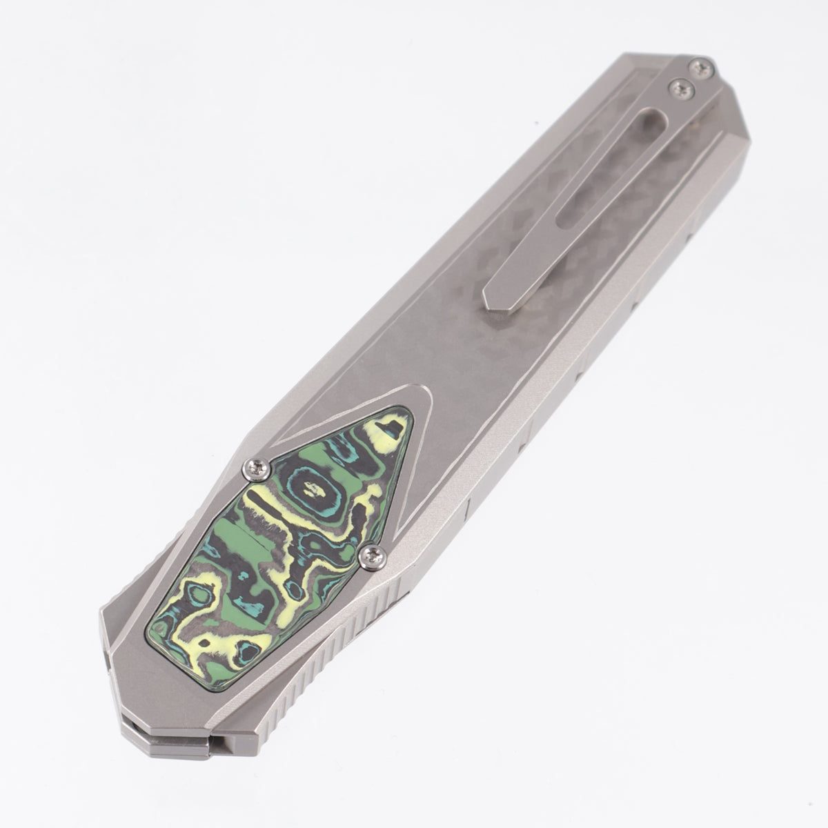 Remette Swordfish Tanto - 3D Chevron Millled Titanium w/ Green & Yellow Carbon Fiber Inlay - Pearlescent M390 - ZL101B2