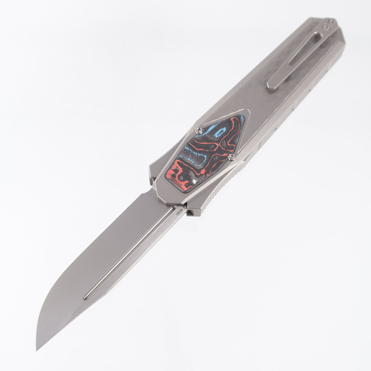 Remette Swordfish Drop Point - 3D Chevron Millled Titanium w/ Red,White & Blue Carbon Fiber Inlay - Pearlescent M390 - ZL101B3