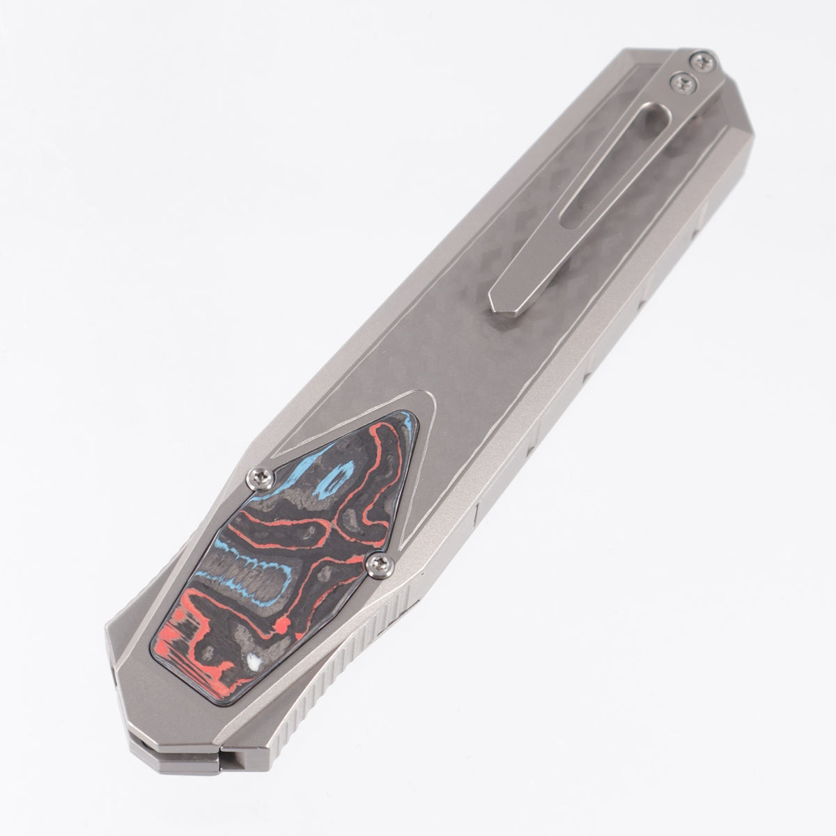 Remette Swordfish Drop Point - 3D Chevron Millled Titanium w/ Red,White & Blue Carbon Fiber Inlay - Pearlescent M390 - ZL101B3