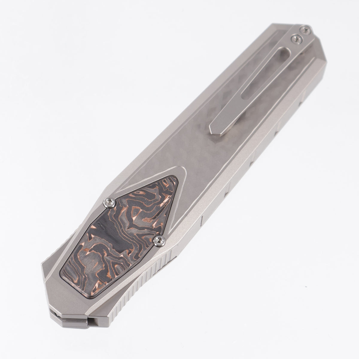 Remette Swordfish Tanto - 3D Chevron Millled Titanium w/ Copper Carbon Fiber Inlay - Pearlescent M390 - ZL101B4