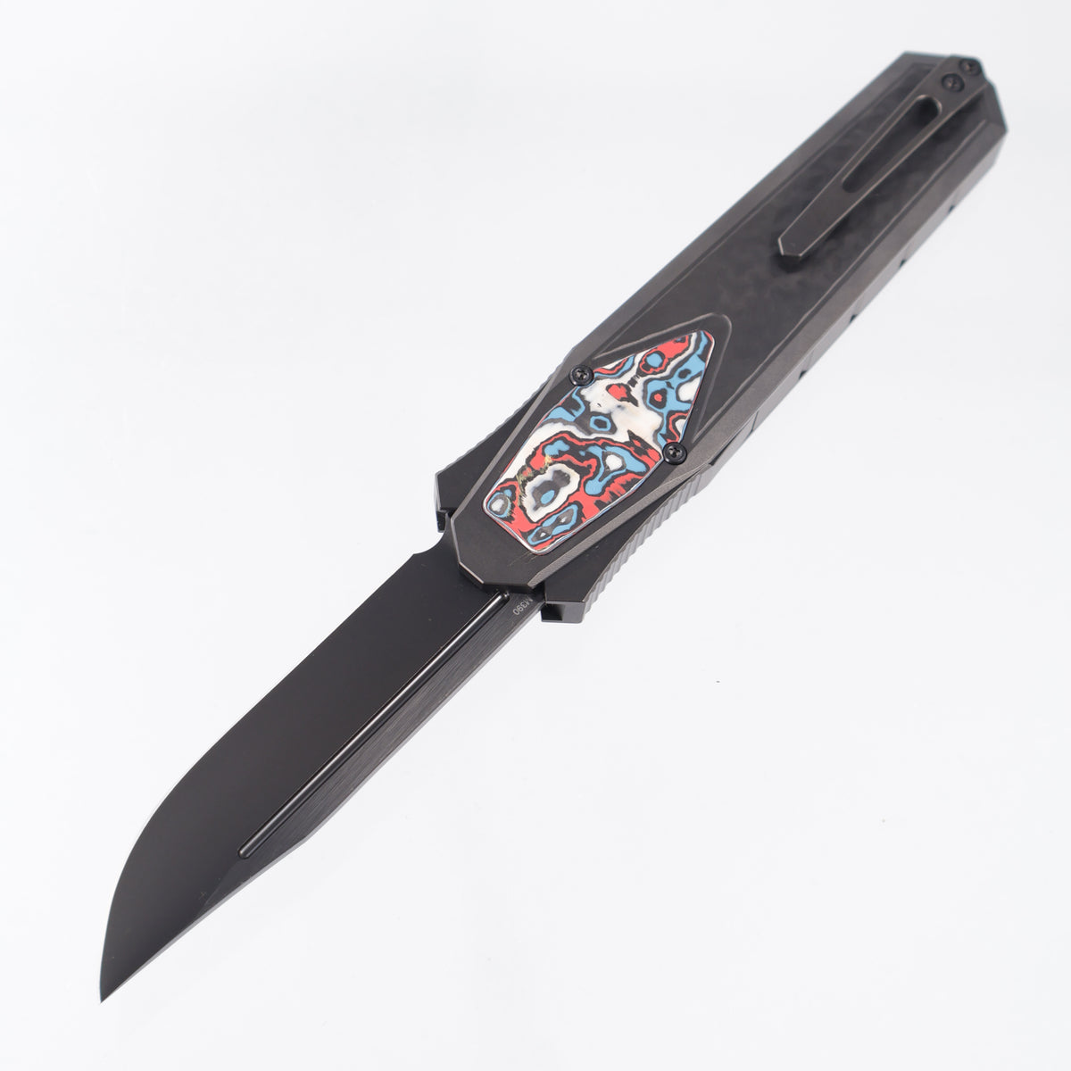 Remette Swordfish Drop Point - DLC 3D Chevron Millled Titanium w/ Red,White & Blue Carbon Fiber Inlay - DLC Pearlescent M390 - ZL101B5