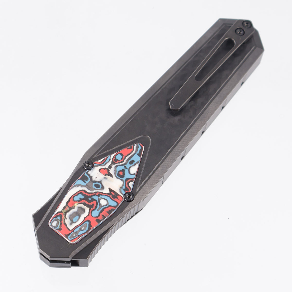 Remette Swordfish Drop Point - DLC 3D Chevron Millled Titanium w/ Red,White & Blue Carbon Fiber Inlay - DLC Pearlescent M390 - ZL101B5