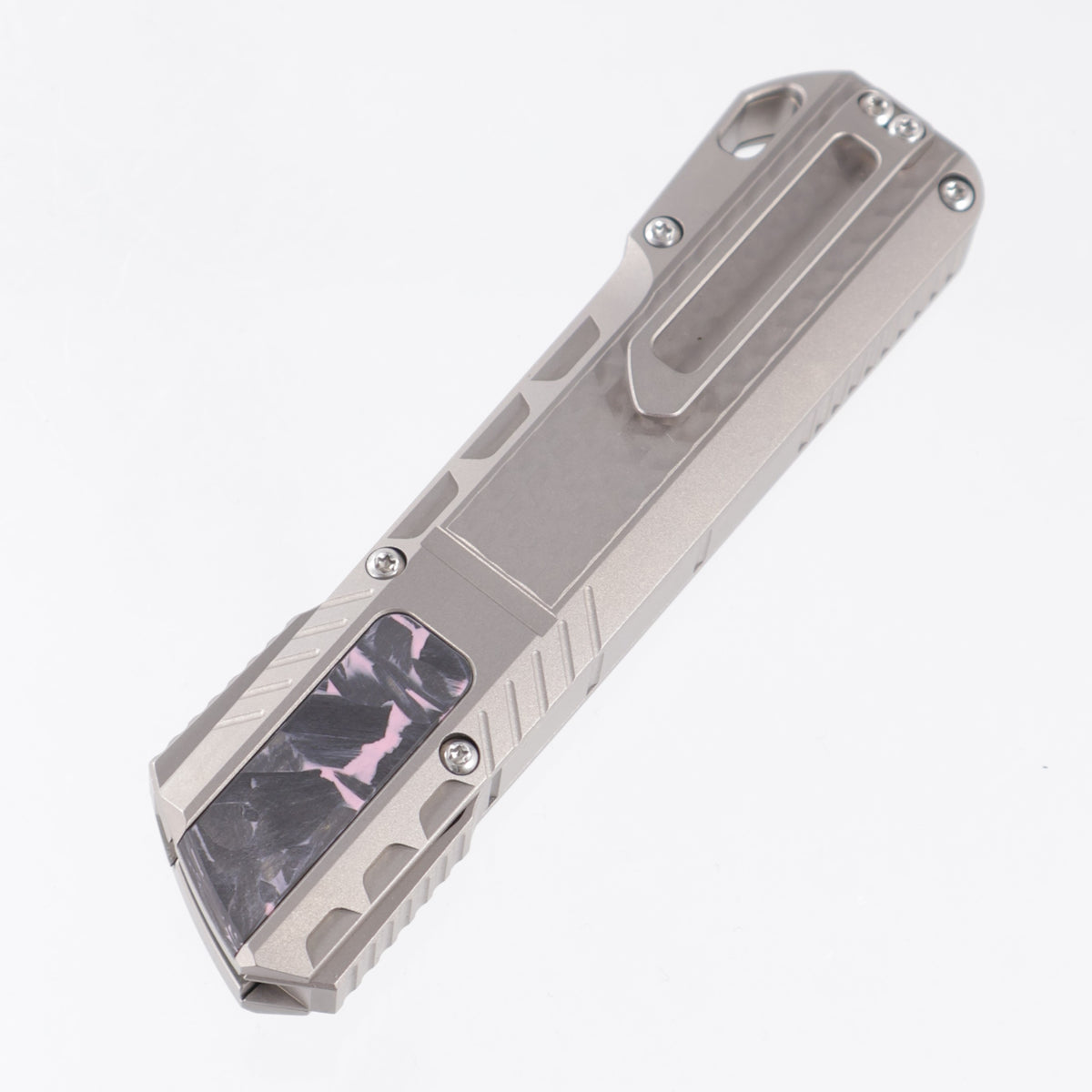Remette Sharp Leopard - 3D Chevron Millled Titanium w/ Purple Shred Carbon Fiber Inlay - Pearlescent M390 - ZL301B