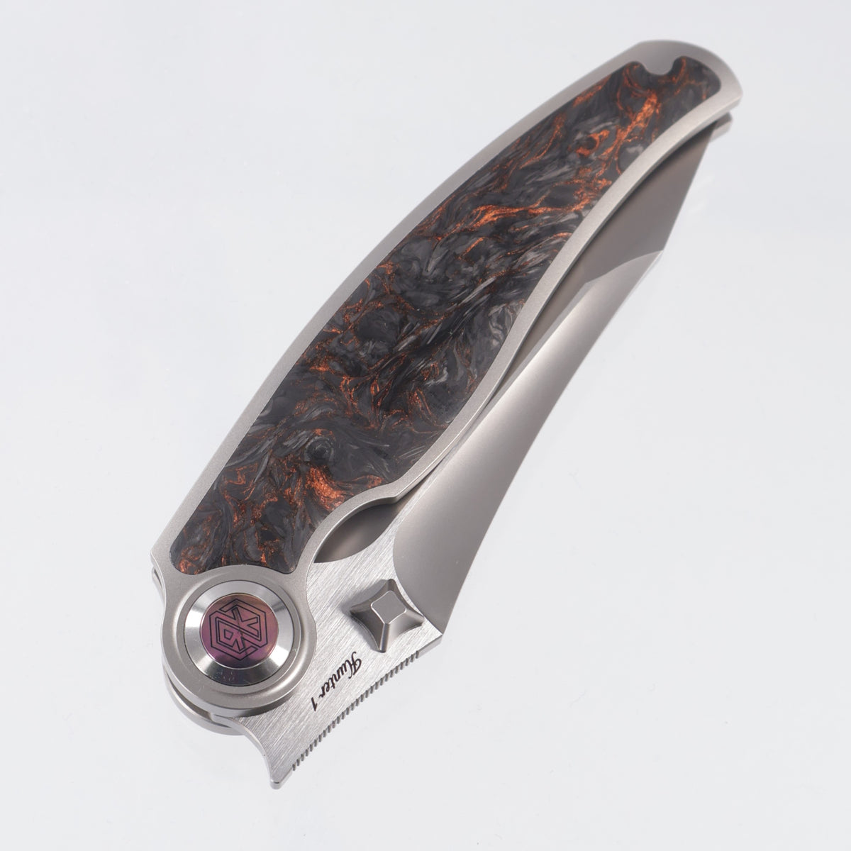 Rike Hunter 1 - Plain Titanium w/ Orange Carbon Fiber - Pearlescent S90V - P/OCF
