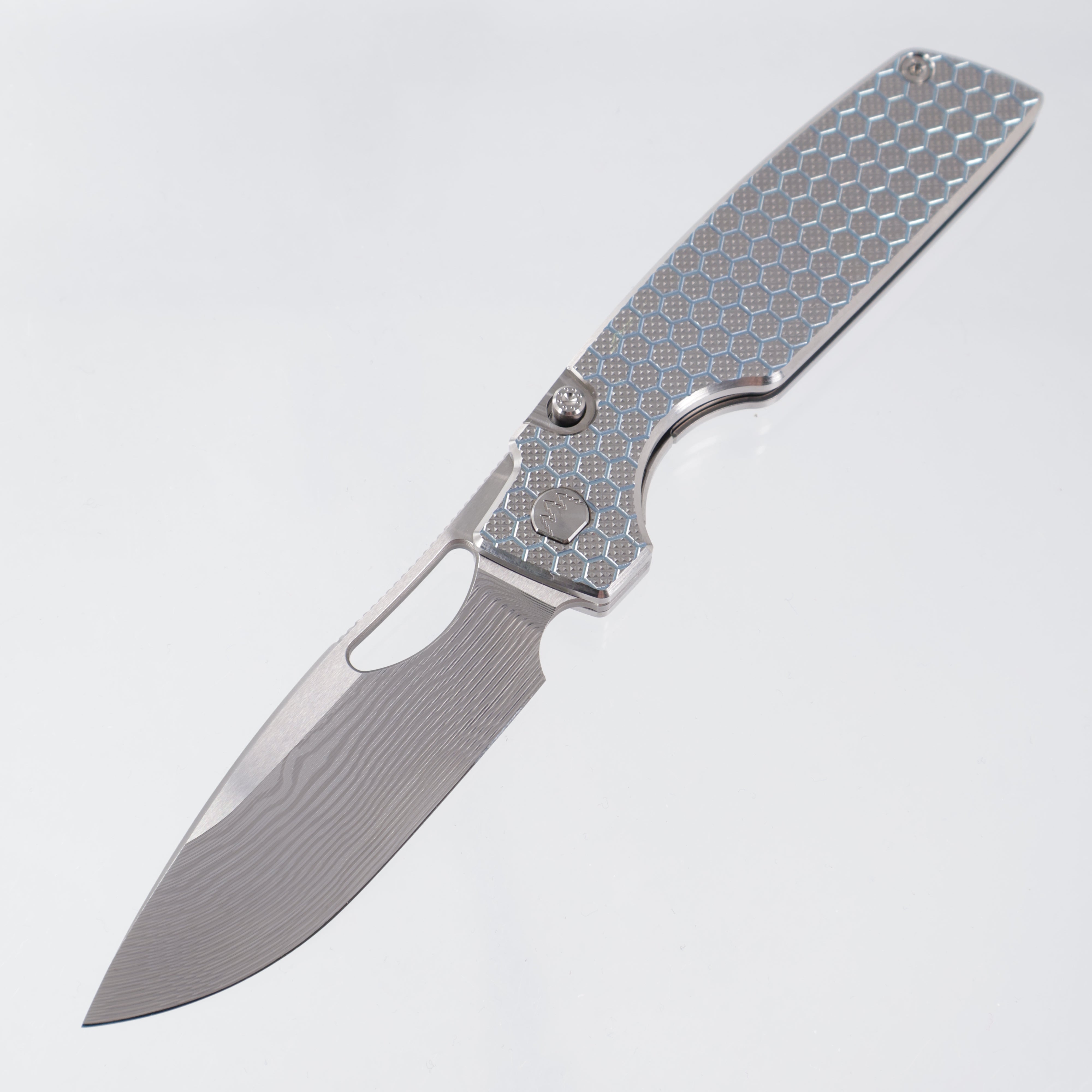 Rob Johnsons Cedar Mini #107 - Diamond Texture Ti w/ Light Blue Honeycomb Pattern Ano - Drakkar Damasteel