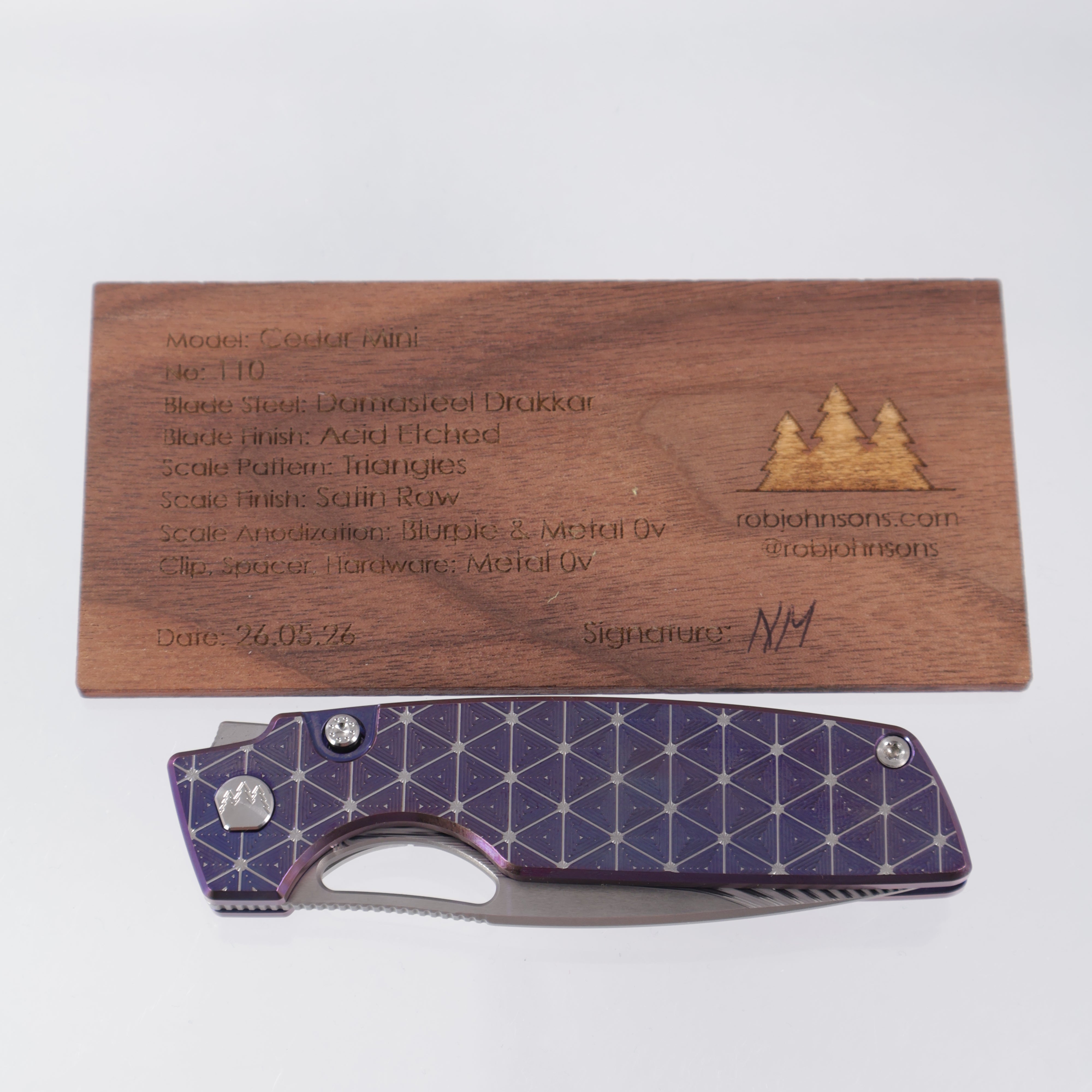 Rob Johnsons Cedar Mini #110 - Triangles Texture Ti w/ Blurple Ano - Drakkar Damasteel