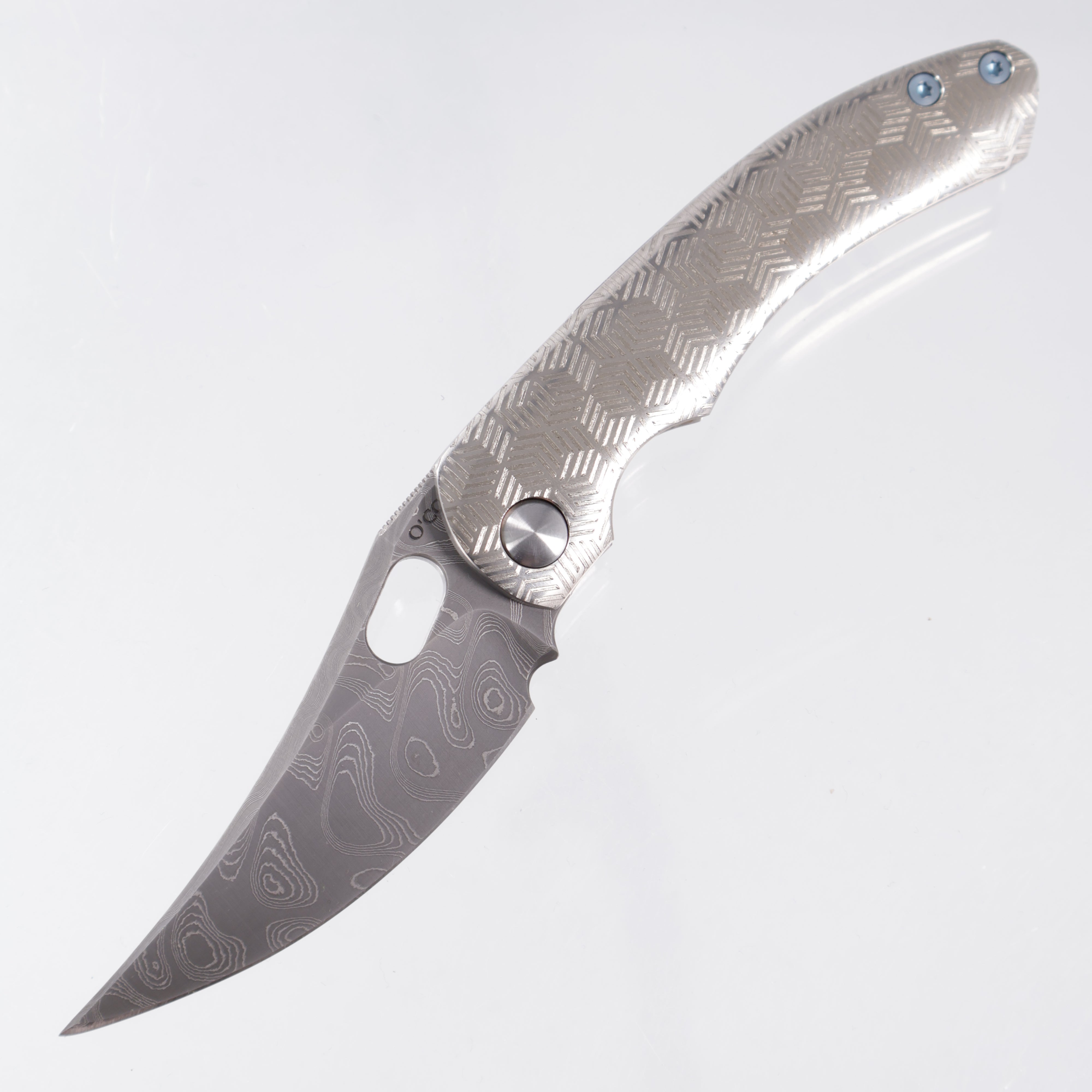 Sean O'Connell Mini P - Chevron Hex Pattern Titanium w/ Blue Ti Clip & Hardware - Damascus
