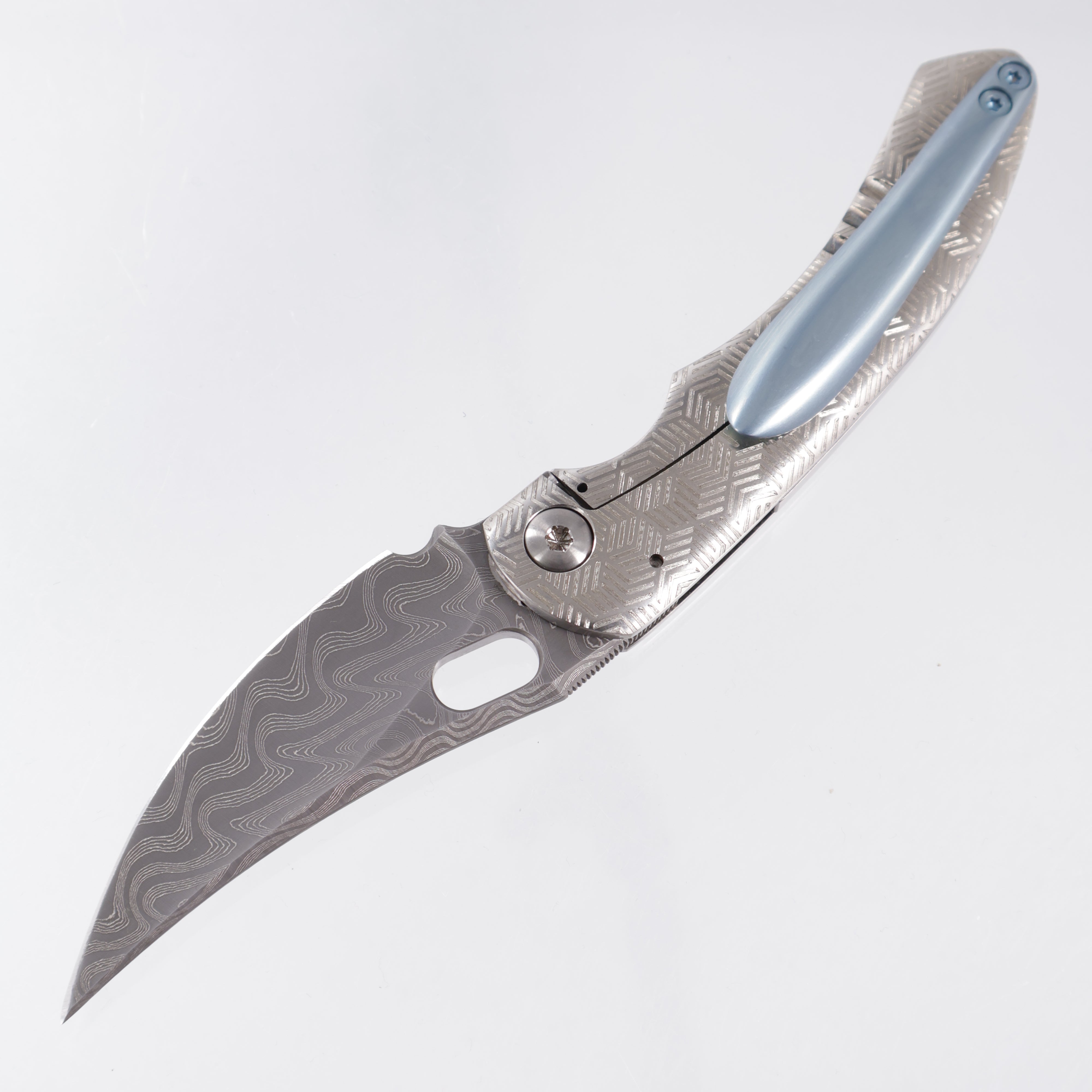 Sean O'Connell Mini P - Chevron Hex Pattern Titanium w/ Blue Ti Clip & Hardware - Damascus