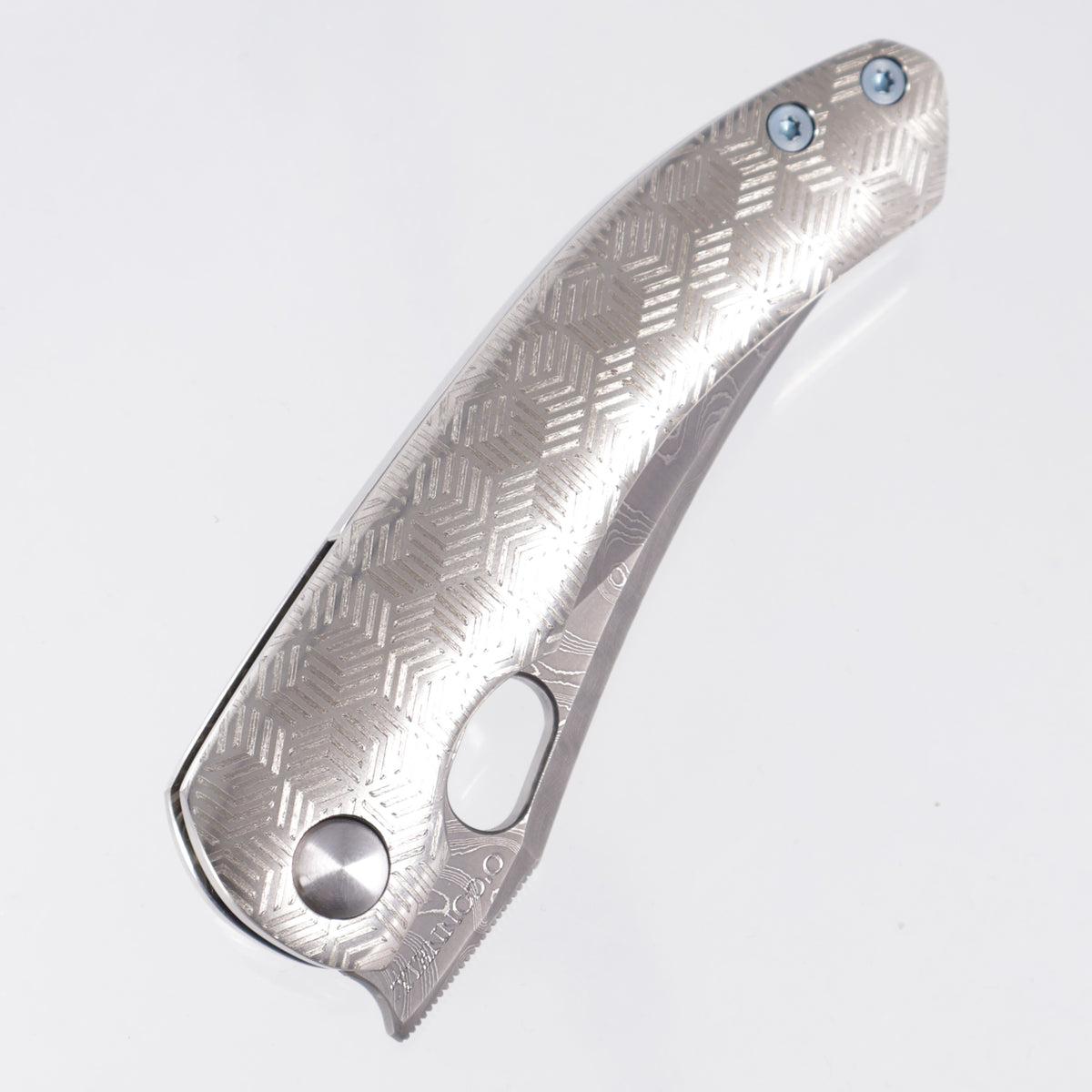 Sean O'Connell Mini P - Chevron Hex Pattern Titanium w/ Blue Ti Clip & Hardware - Damascus