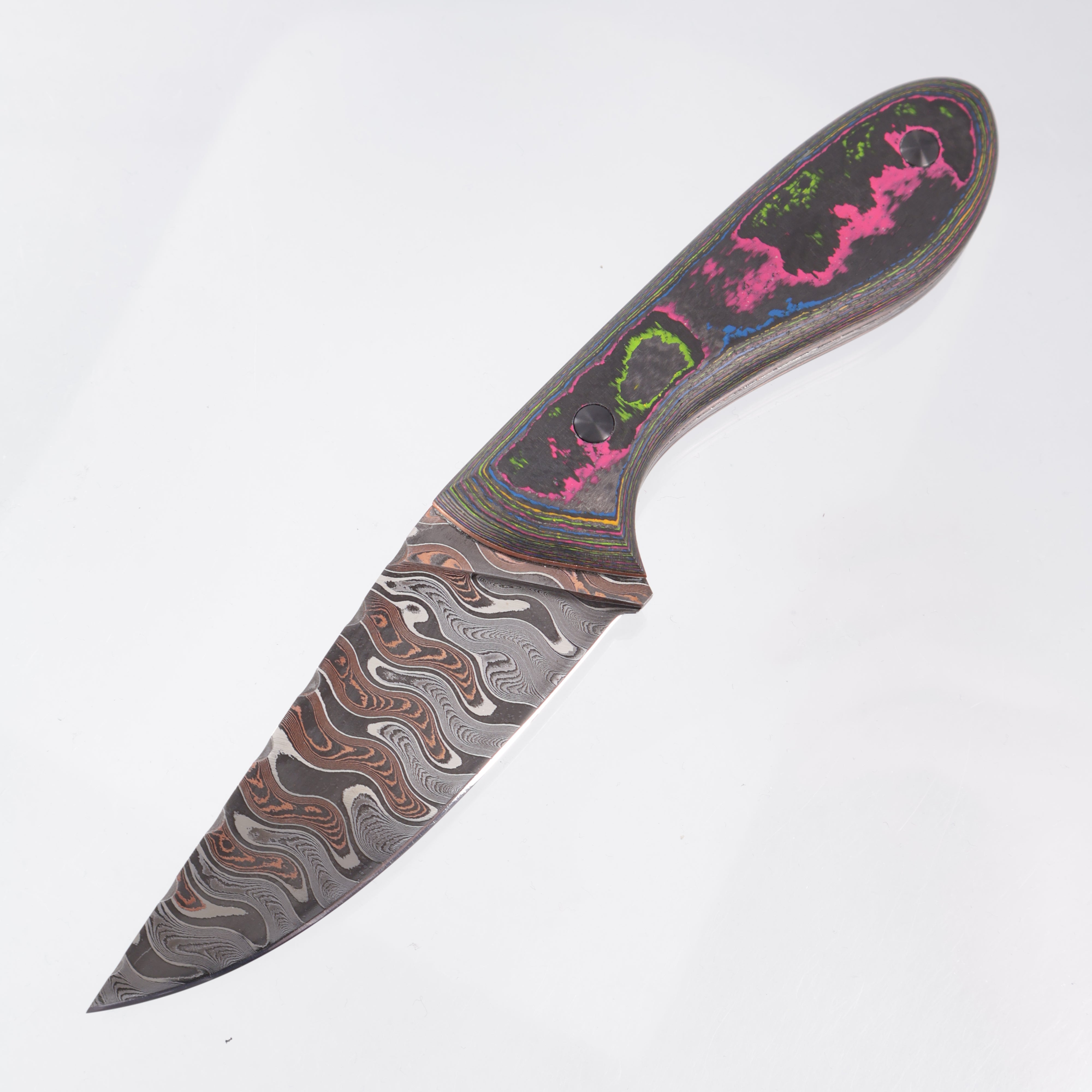 Sinan Blades 395 - 80s Camo Carbon w/ Copper Liners & Zirconium Pins - Baker Forge Riptide Ultra Ripple Damascus
