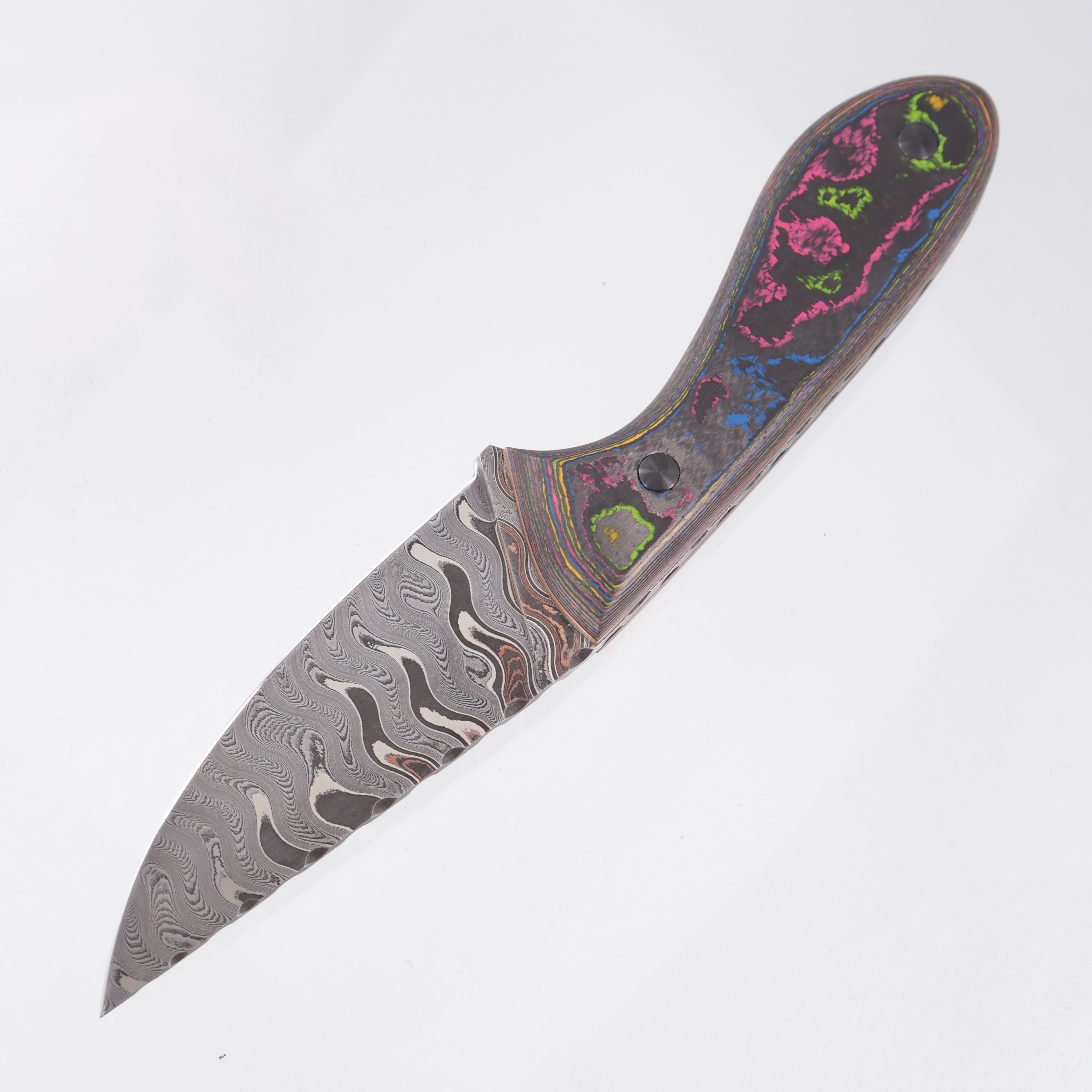 Sinan Blades 395 - 80s Camo Carbon w/ Copper Liners & Zirconium Pins - Baker Forge Riptide Ultra Ripple Damascus