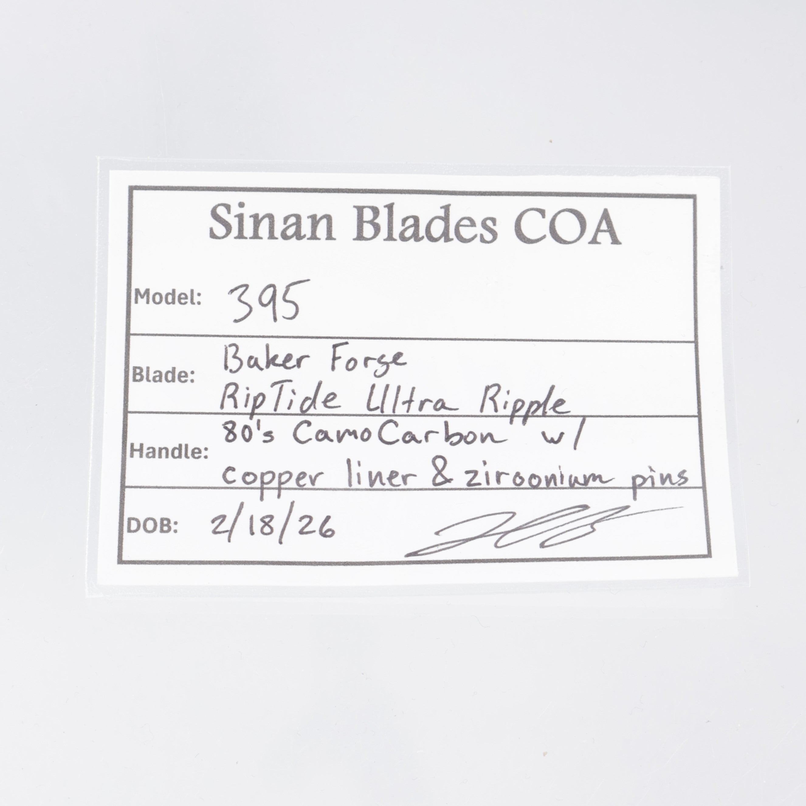 Sinan Blades 395 - 80s Camo Carbon w/ Copper Liners & Zirconium Pins - Baker Forge Riptide Ultra Ripple Damascus