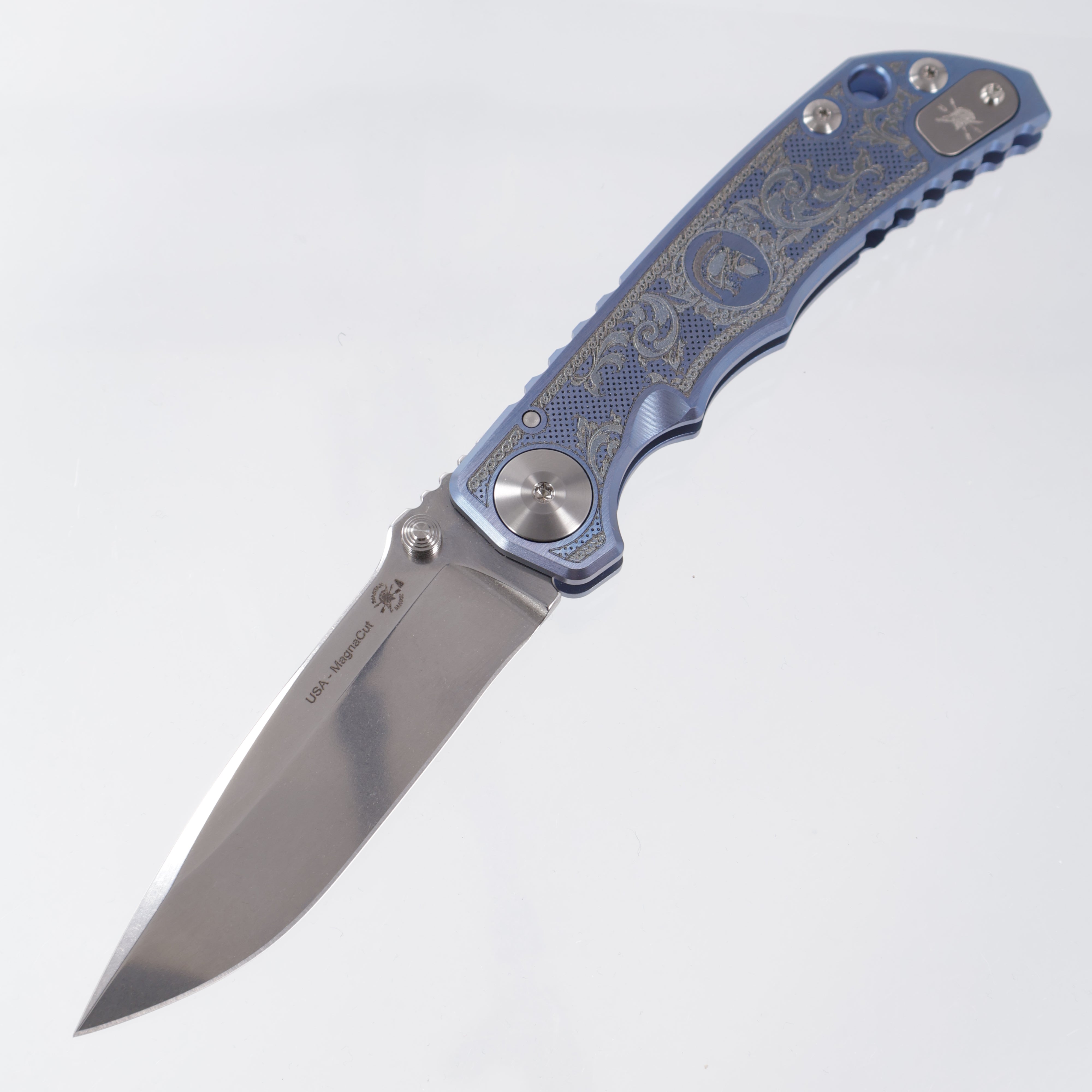 Spartan Blades Spartan-Harsey Folder - Flourishes Edition - Blue Ano w/ Silver Hardware - Stonewash Magnacut