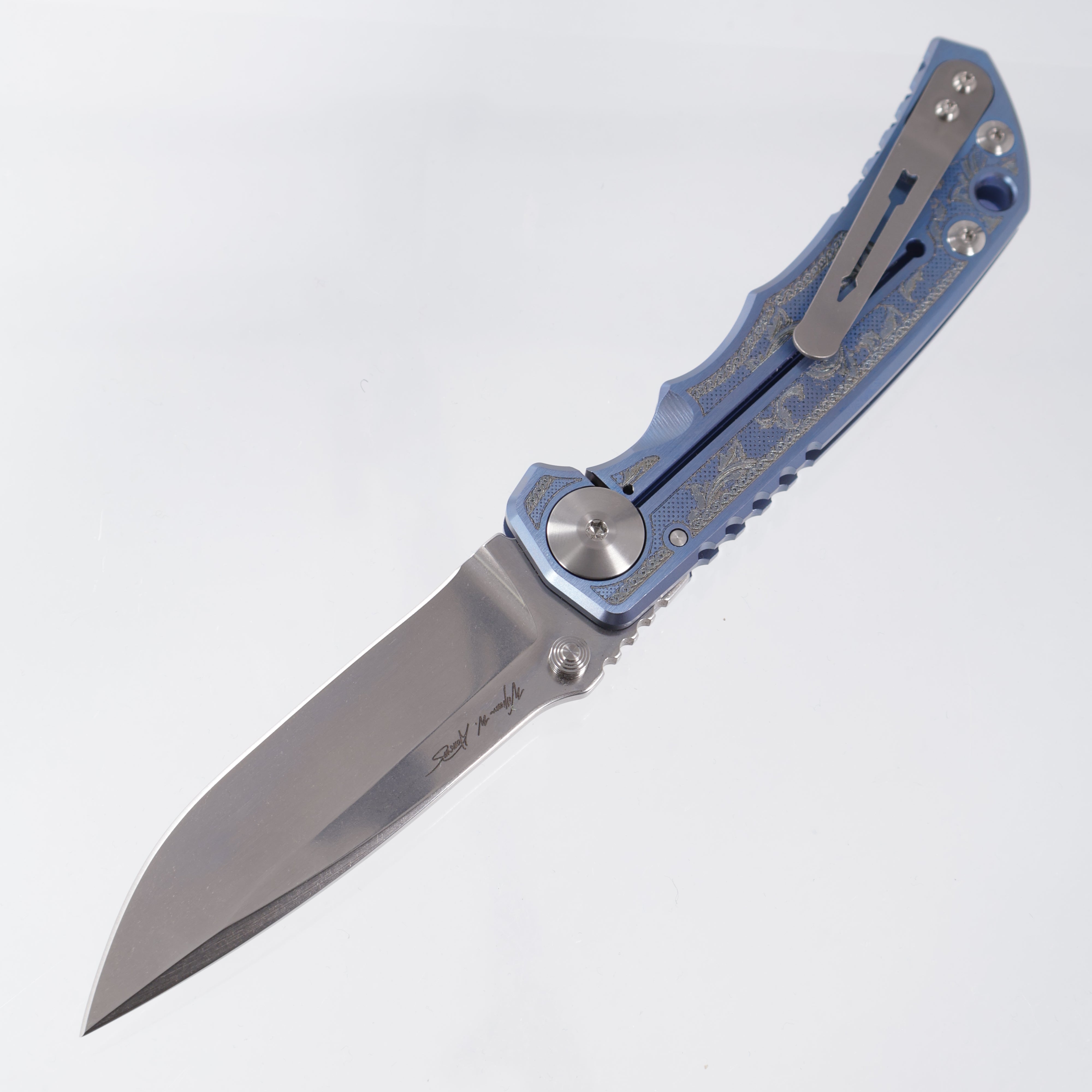 Spartan Blades Spartan-Harsey Folder - Flourishes Edition - Blue Ano w/ Silver Hardware - Stonewash Magnacut